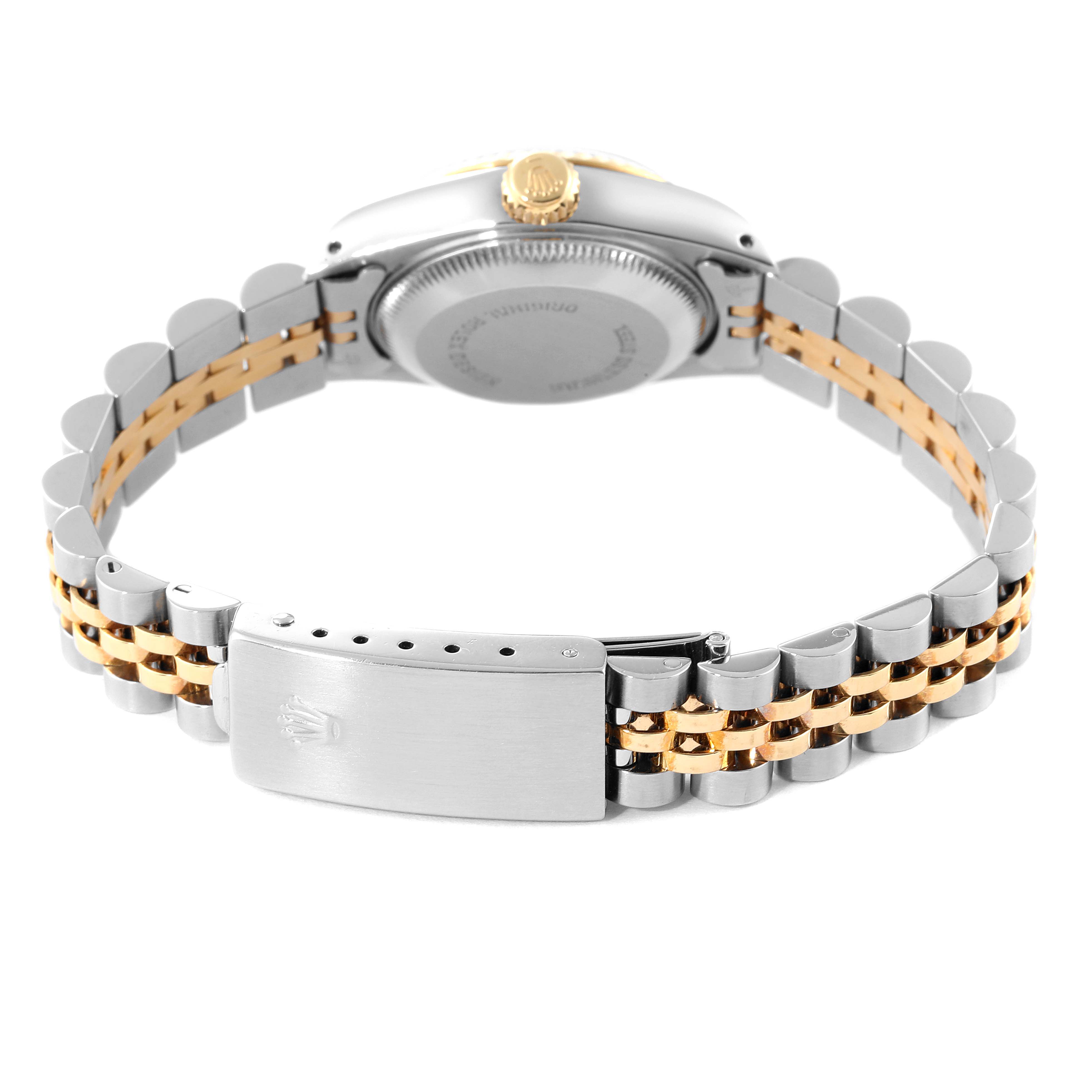 This image shows the back view of a Rolex Datejust 69173 Women's Steel and Gold (two tone) Silver Dial 69173 Women's Steel and Gold (two tone) Silver Dial watch, highlighting the bracelet, clasp, and case back.