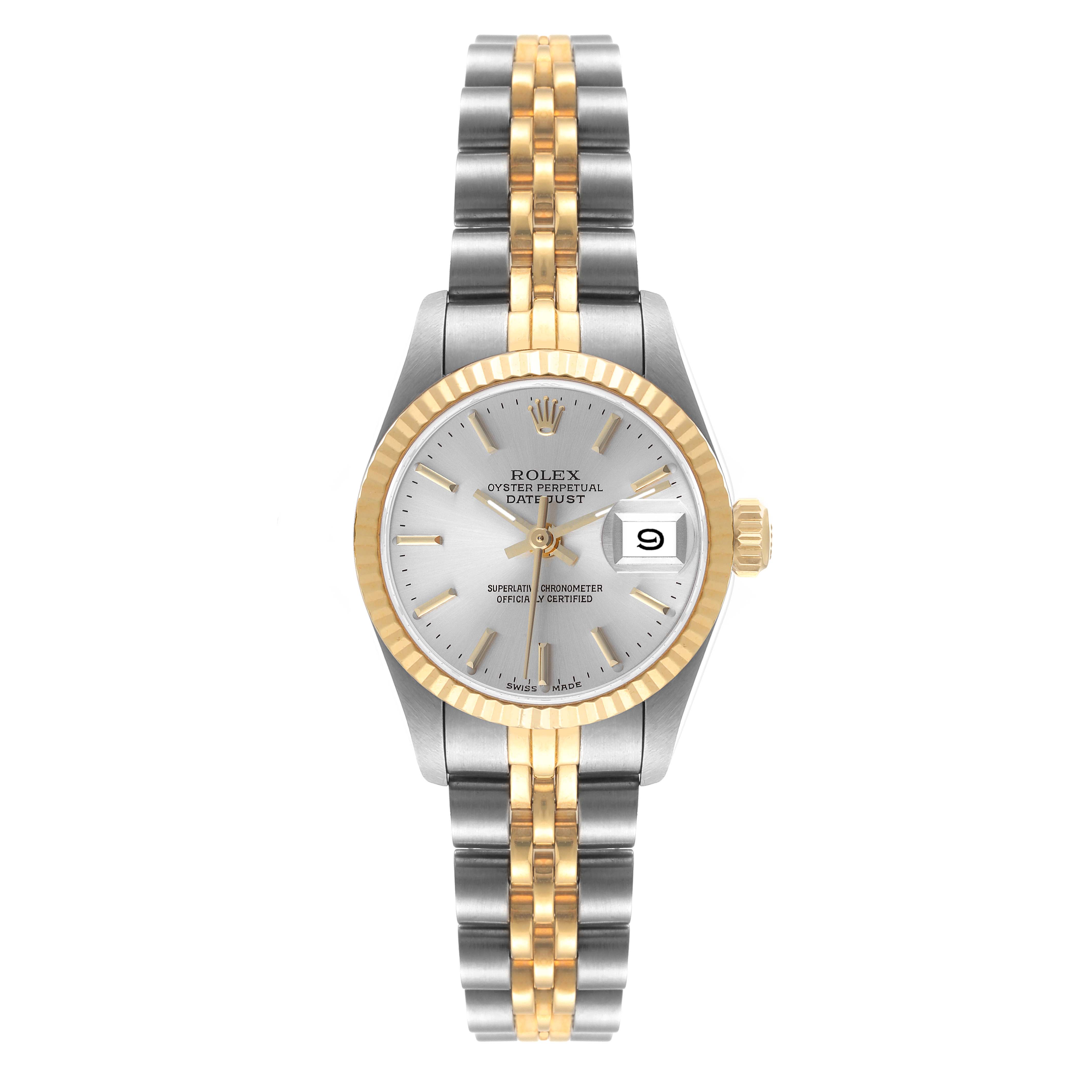 The Rolex Datejust 69173 Women's Steel and Gold (two tone) Silver Dial 69173 Women's Steel and Gold (two tone) Silver Dial watch is shown from the front, displaying the face, bezel, and bracelet in a straight-on angle.