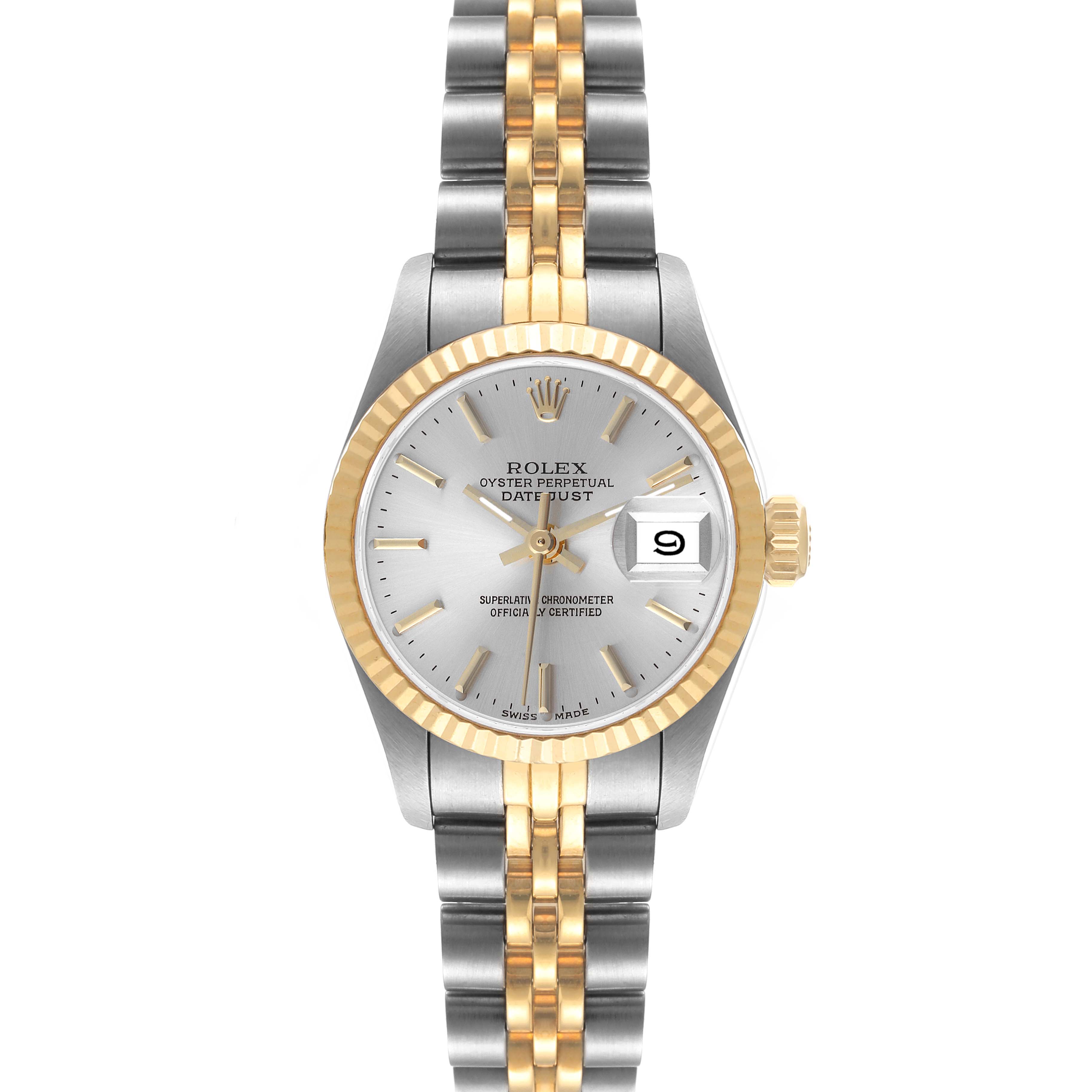 This image shows a Rolex Datejust 69173 Women's Steel and Gold (two tone) Silver Dial 69173 Women's Steel and Gold (two tone) Silver Dial watch from a front angle, highlighting its dial, bezel, and two-tone bracelet.