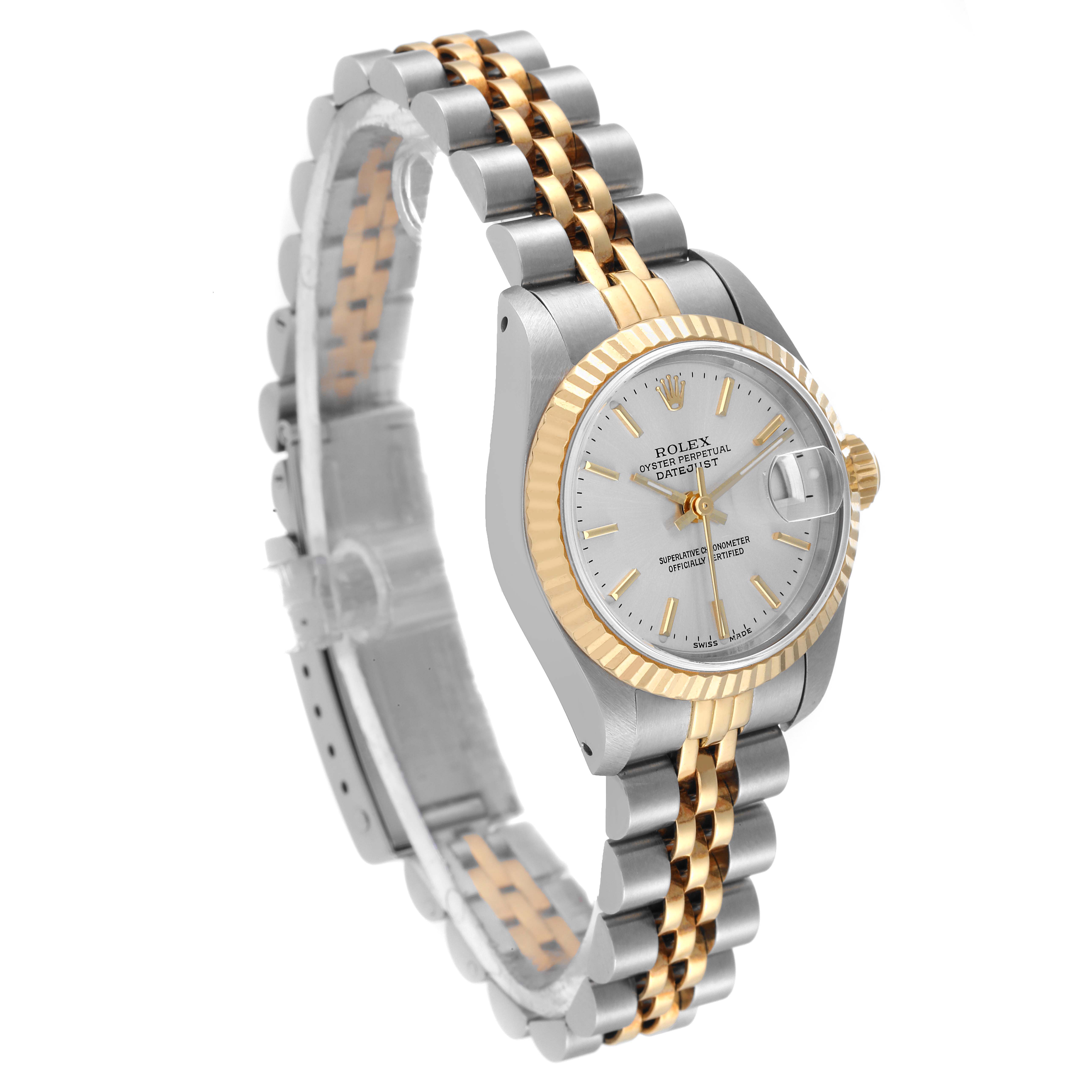 The image shows a Rolex Datejust 69173 Women's Steel and Gold (two tone) Silver Dial 69173 Women's Steel and Gold (two tone) Silver Dial watch at a three-quarter angle highlighting its face, gold fluted bezel, and two-tone metal bracelet.