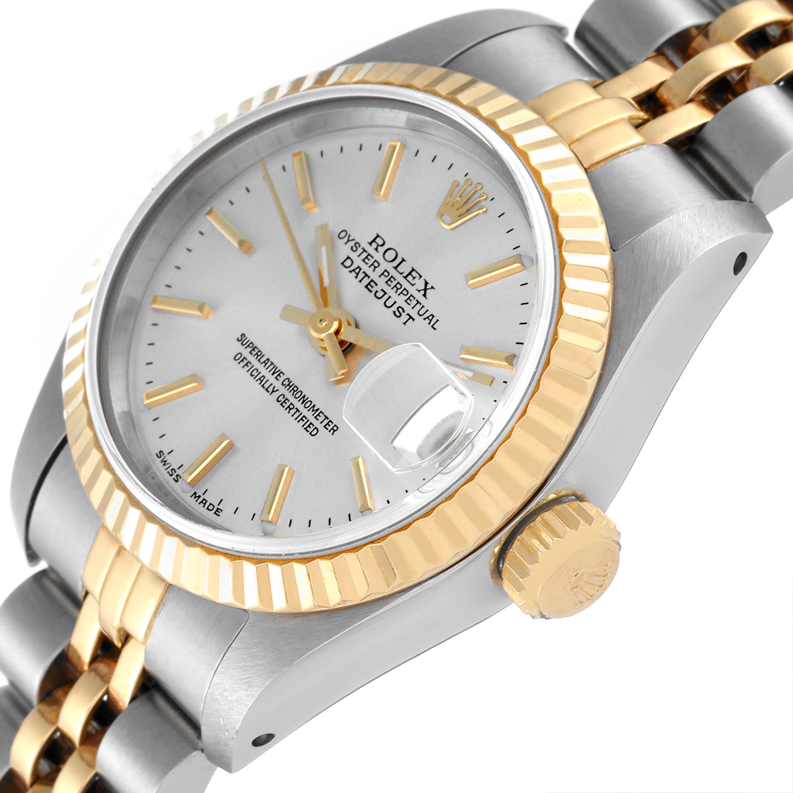 The image shows a close-up angled view of a Rolex Datejust 69173 Women's Steel and Gold (two tone) Silver Dial 69173 Women's Steel and Gold (two tone) Silver Dial, highlighting the face, fluted bezel, and crown.
