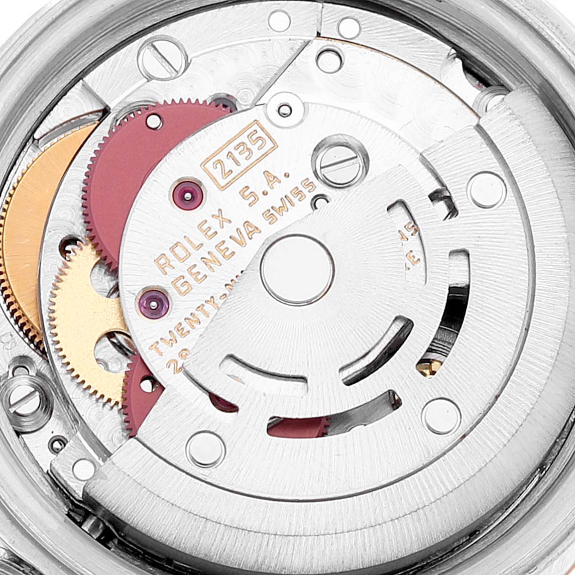This image shows a close-up view of the internal movement mechanism of a Rolex Datejust 69173 Women's Steel and Gold (two tone) Silver Dial 69173 Women's Steel and Gold (two tone) Silver Dial watch.