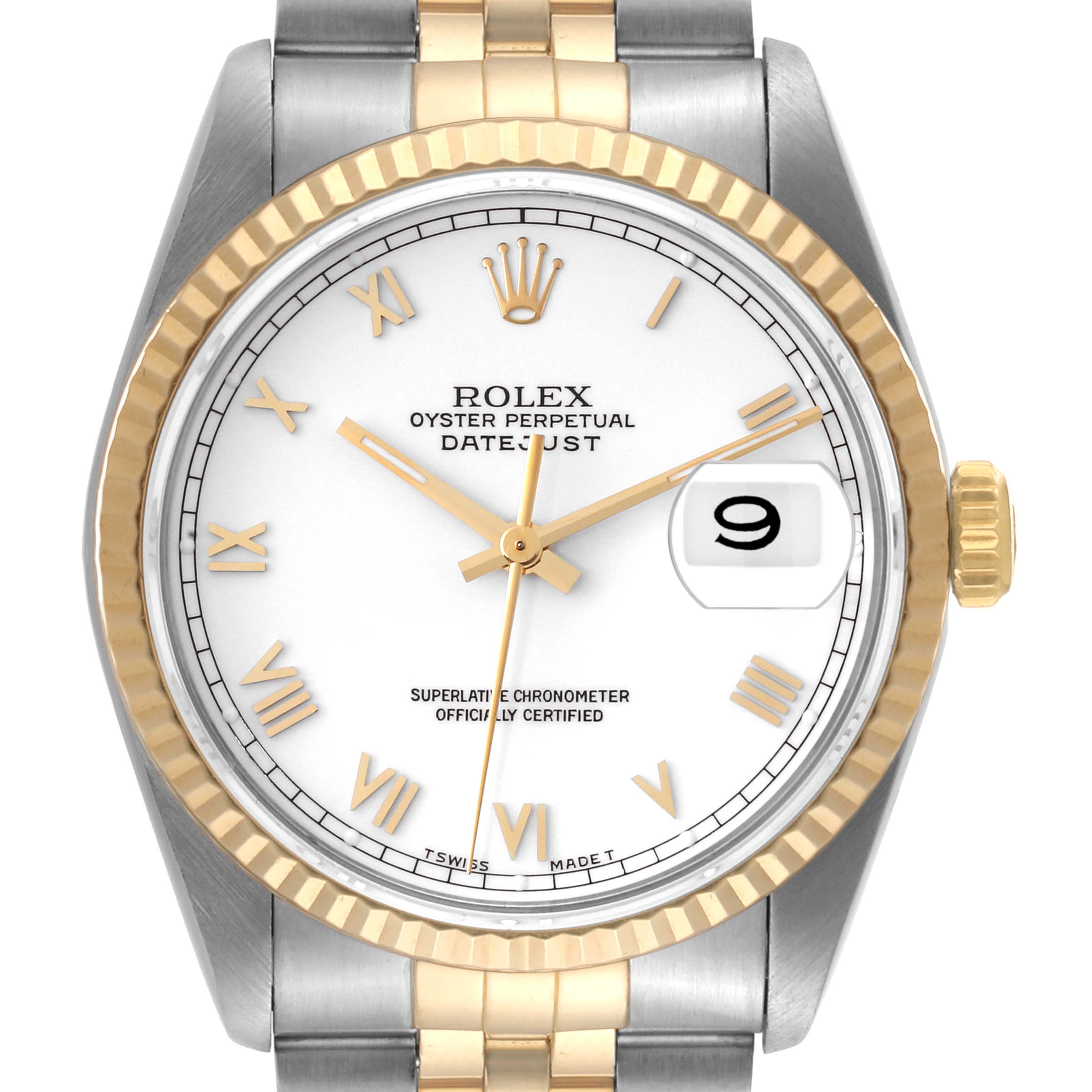 This image shows a front view of the Rolex Datejust 16233 Men's Steel and Gold (two tone) White Dial 16233 Men's Steel and Gold (two tone) White Dial watch face and part of its bracelet.