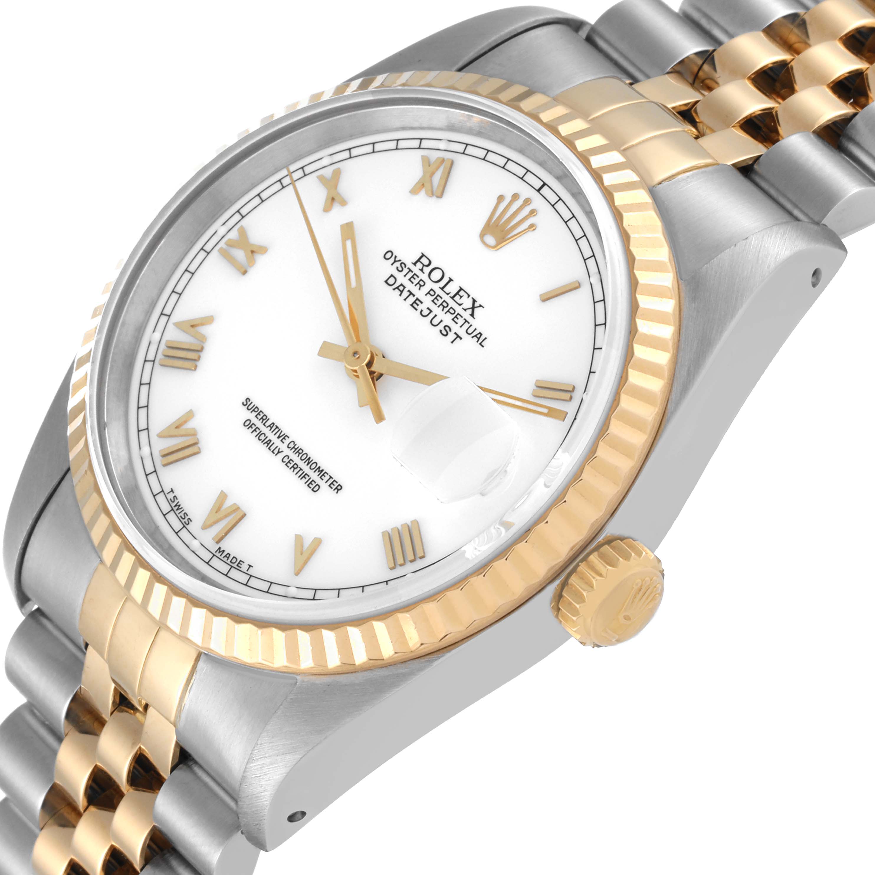 The image shows a close-up angle of the Rolex Datejust 16233 Men's Steel and Gold (two tone) White Dial 16233 Men's Steel and Gold (two tone) White Dial watch, highlighting its face, bezel, and part of the bracelet.