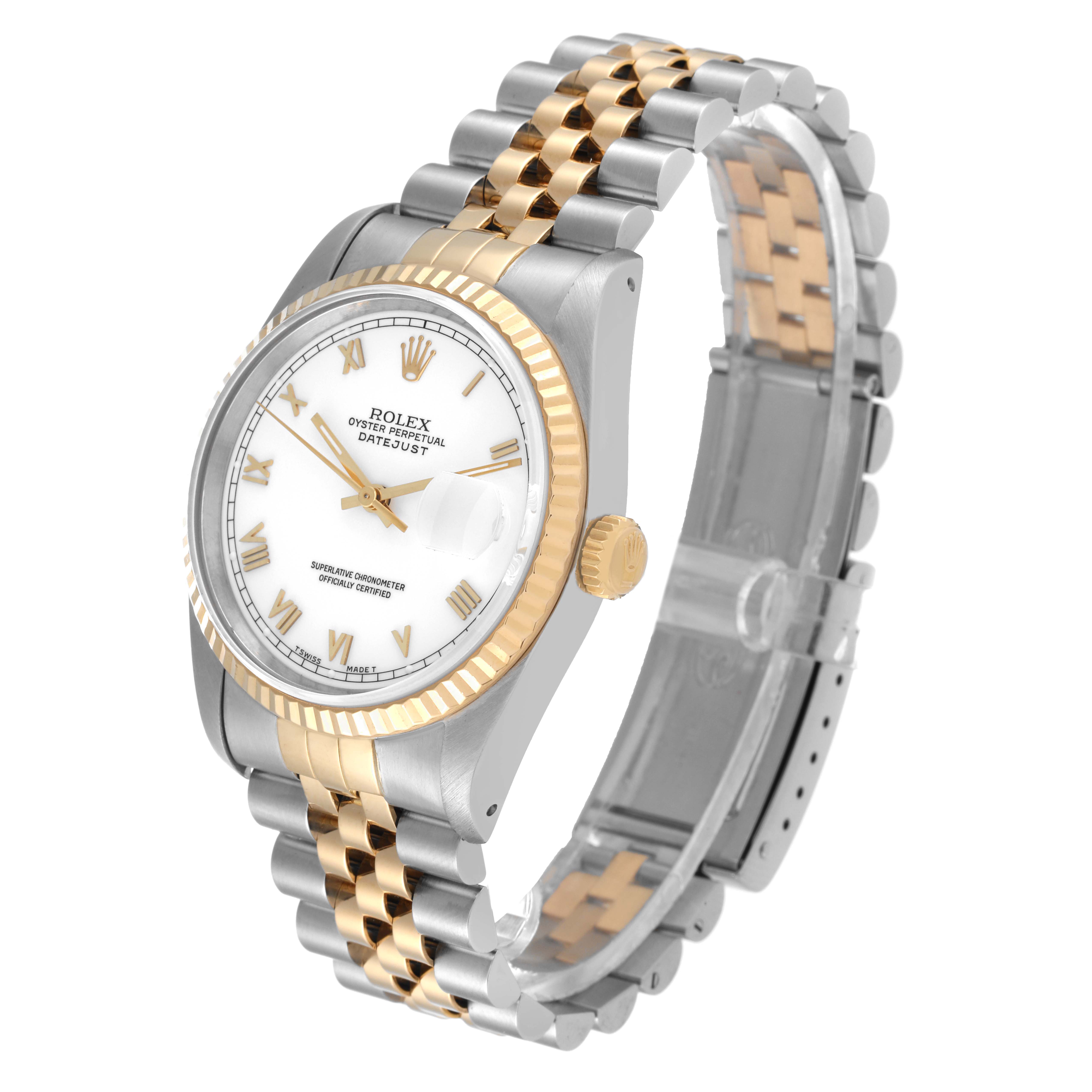 This image of a Rolex Datejust 16233 Men's Steel and Gold (two tone) White Dial 16233 Men's Steel and Gold (two tone) White Dial watch shows a three-quarter view, highlighting the dial, bezel, and bracelet.