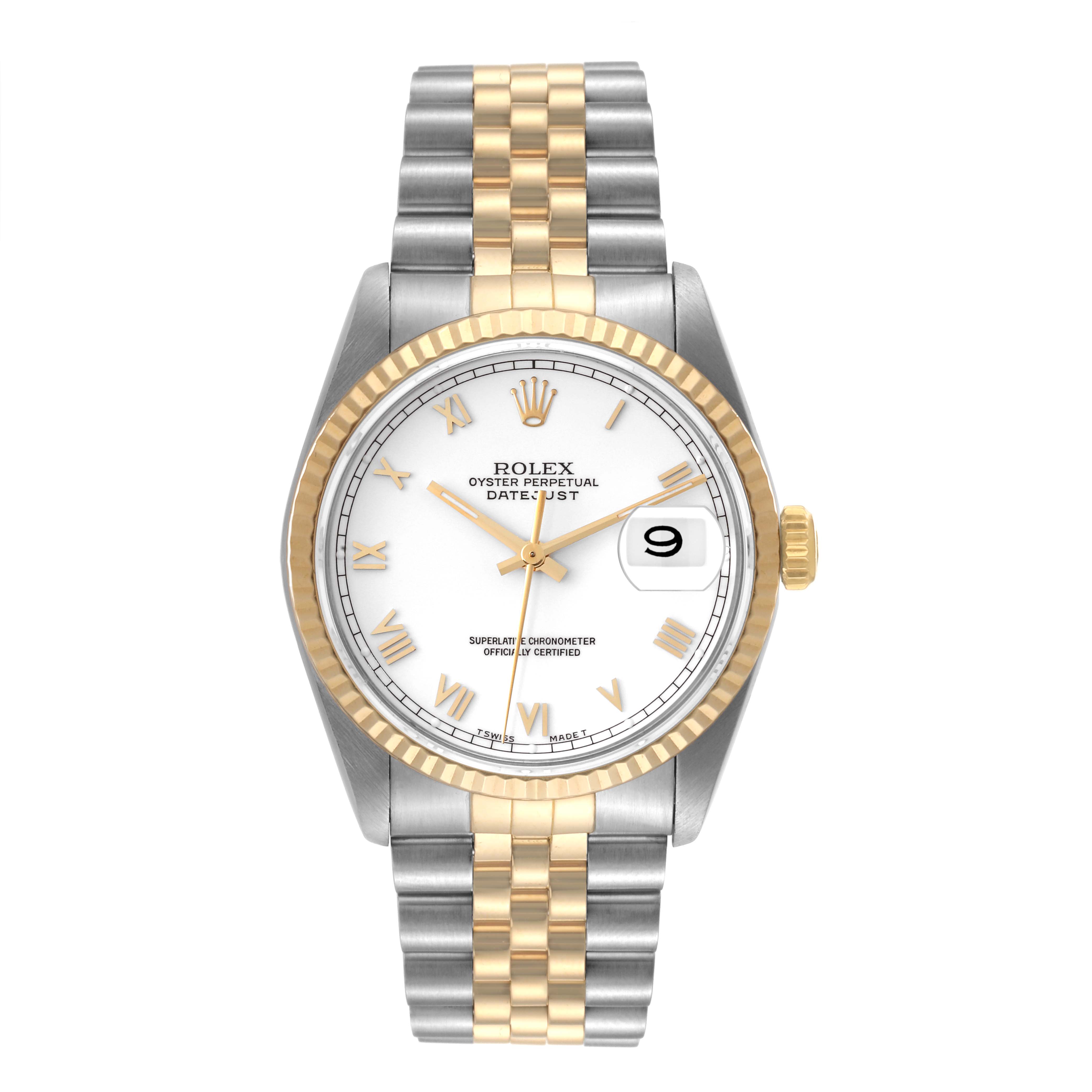 This image shows a Rolex Datejust 16233 Men's Steel and Gold (two tone) White Dial 16233 Men's Steel and Gold (two tone) White Dial watch straight-on, detailing its dial, bezel, and two-tone bracelet.