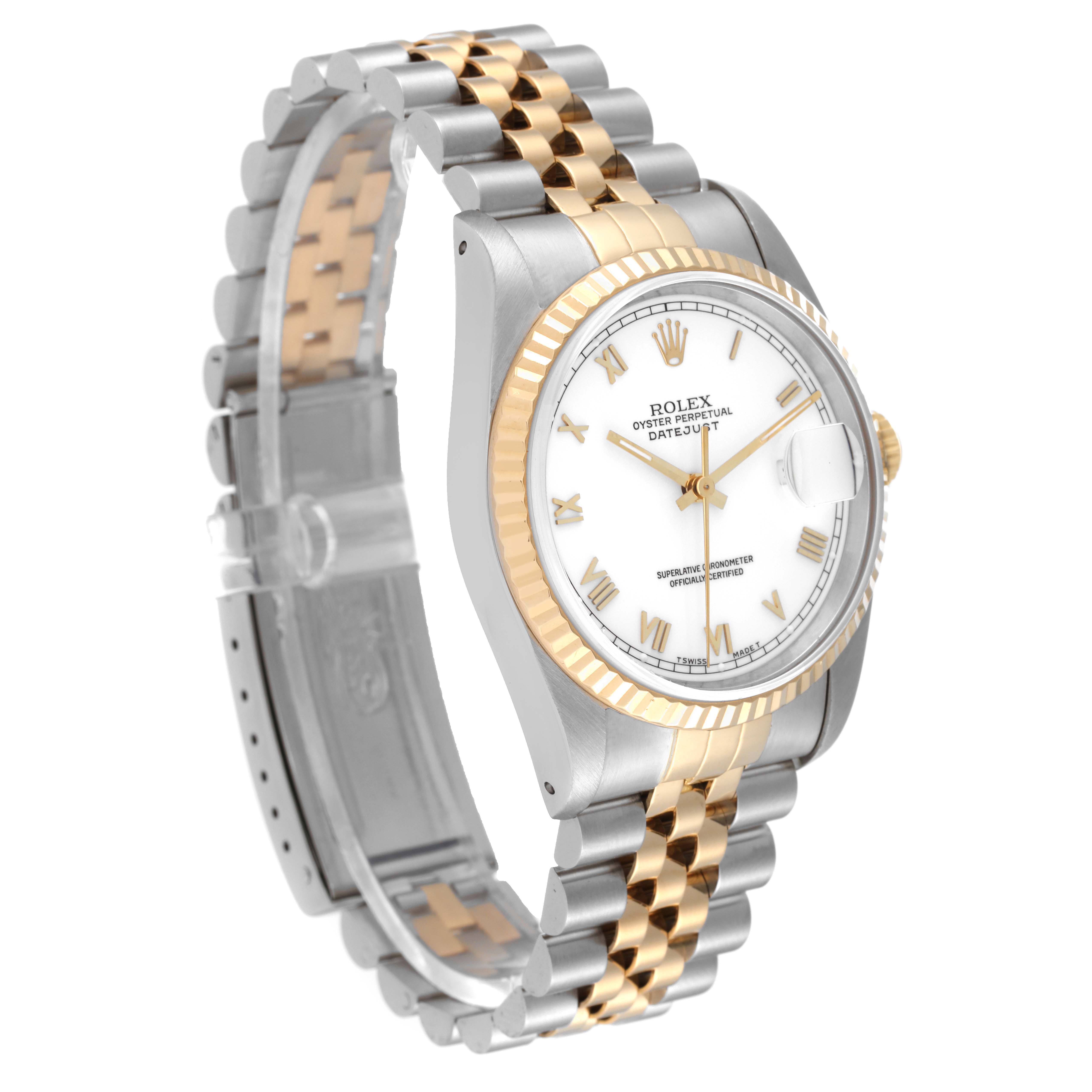 The Rolex Datejust 16233 Men's Steel and Gold (two tone) White Dial 16233 Men's Steel and Gold (two tone) White Dial watch is shown at a slight angle, highlighting its two-tone bracelet, white dial, and fluted bezel.