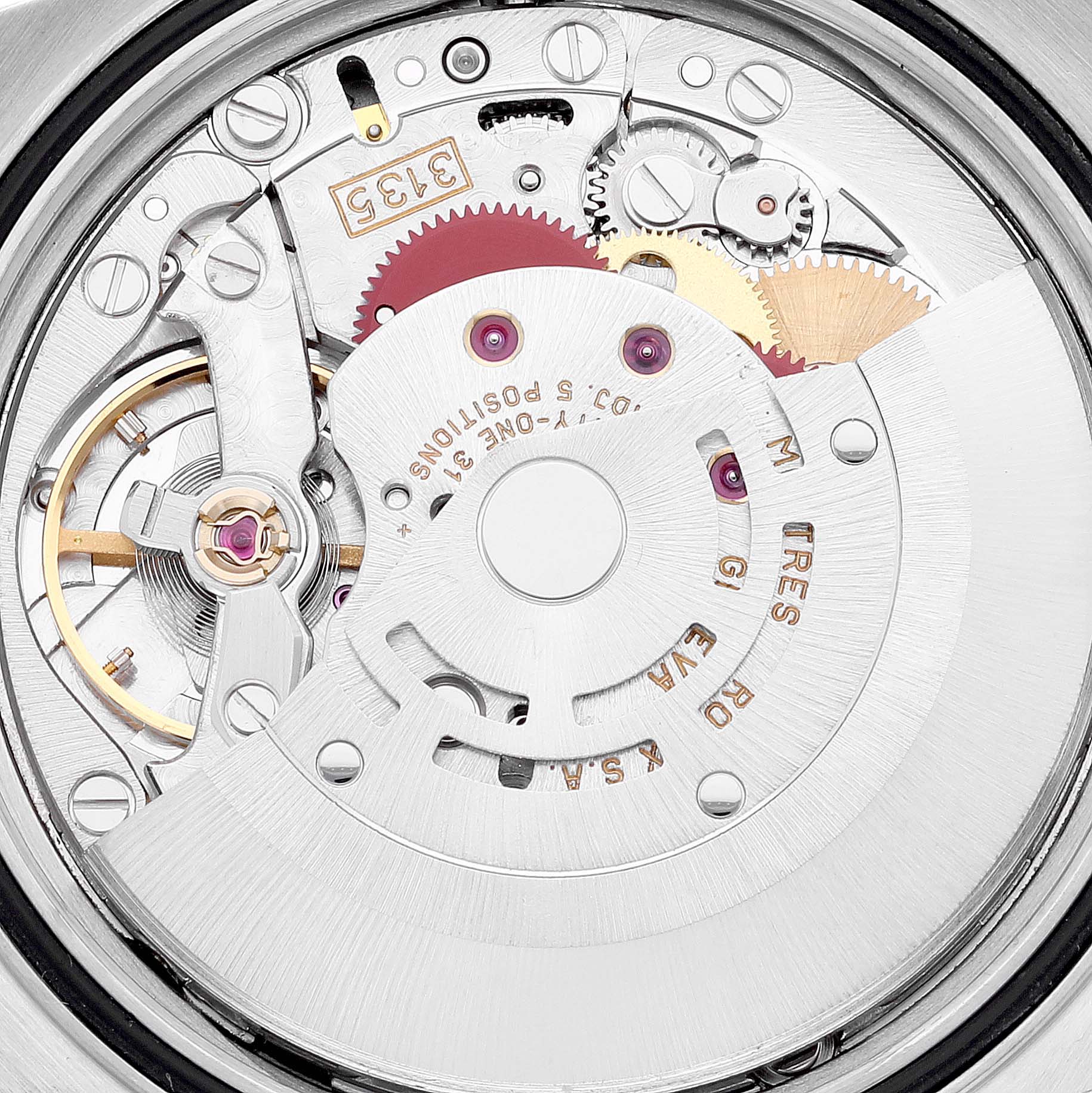 This is a close-up of the movement mechanism inside a Rolex Datejust 16233 Men's Steel and Gold (two tone) White Dial 16233 Men's Steel and Gold (two tone) White Dial watch.