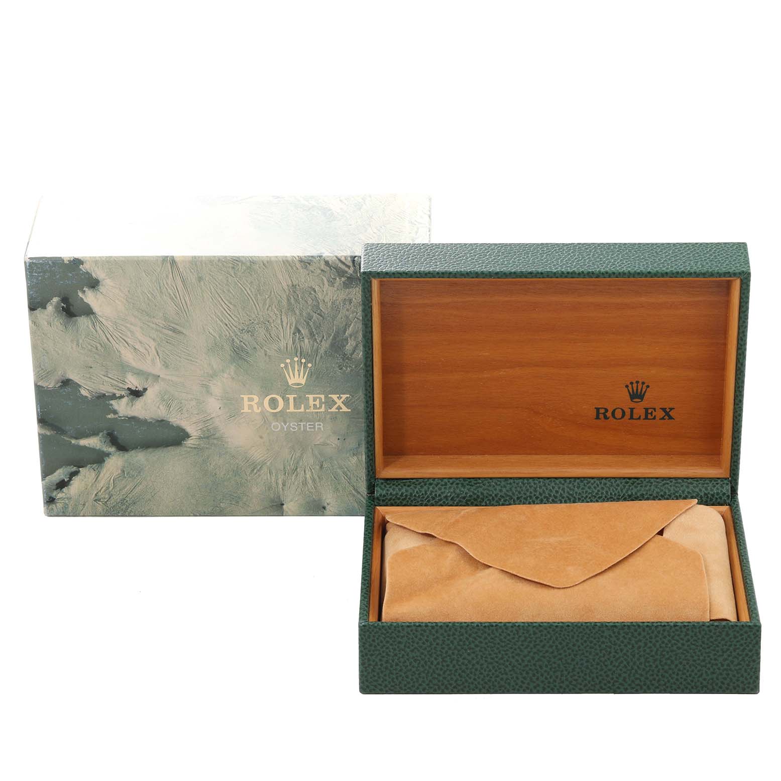 This image shows the packaging and an open box for a Rolex Datejust 16233 Men's Steel and Gold (two tone) White Dial 16233 Men's Steel and Gold (two tone) White Dial watch.