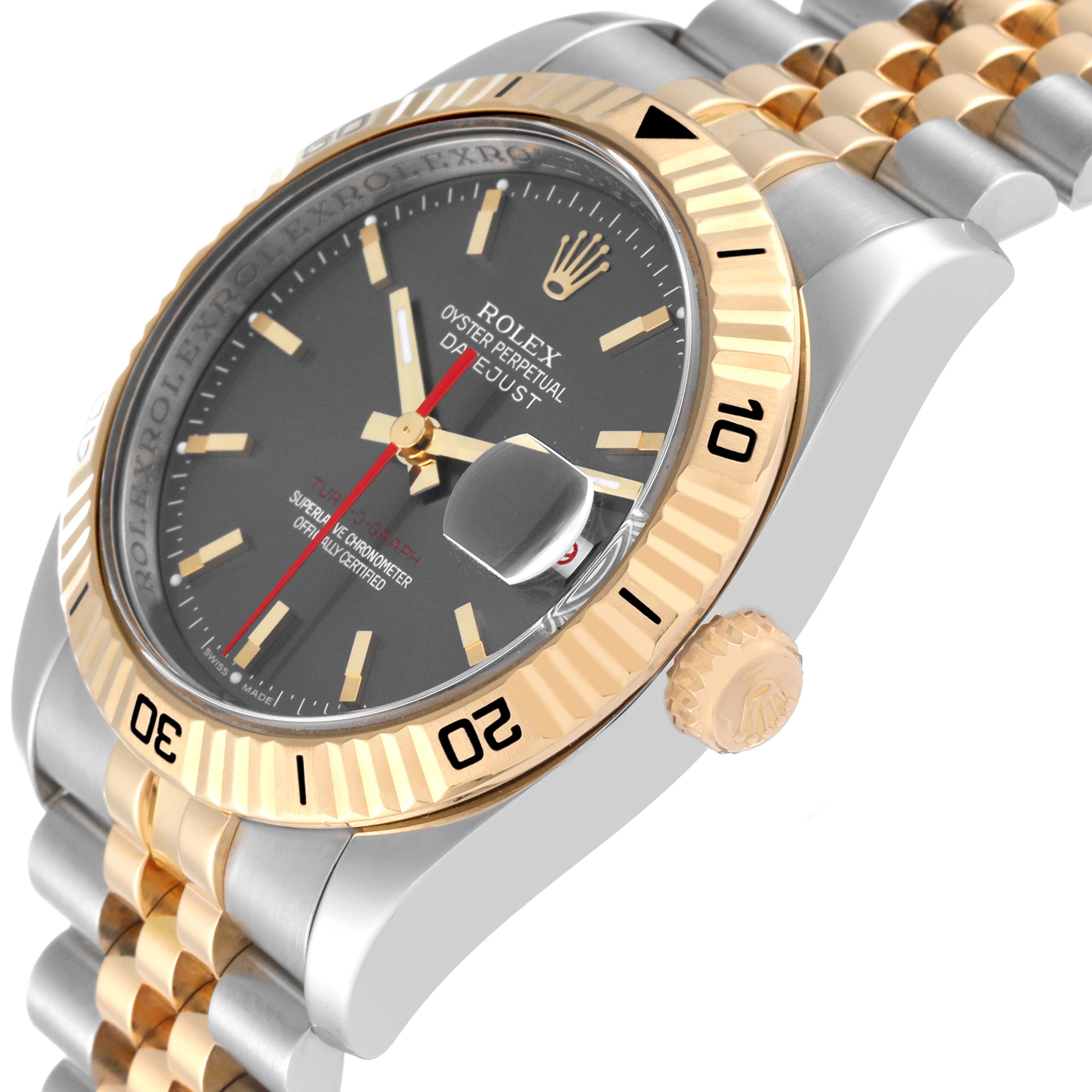The image shows a Rolex Turn-o-Graph 116263 Men's Steel and Gold (two tone) Grey Dial 116263 Men's Steel and Gold (two tone) Grey Dial watch from a close-up angle, highlighting the bezel, dial, and part of the bracelet.