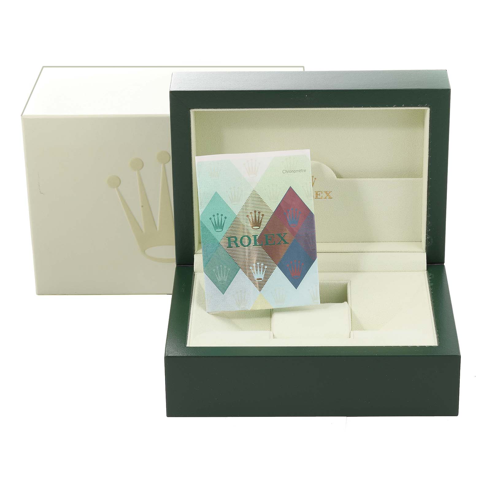 The image shows the packaging of a Rolex Turn-o-Graph 116263 Men's Steel and Gold (two tone) Grey Dial 116263 Men's Steel and Gold (two tone) Grey Dial watch, including the watch box and accompanying booklet.