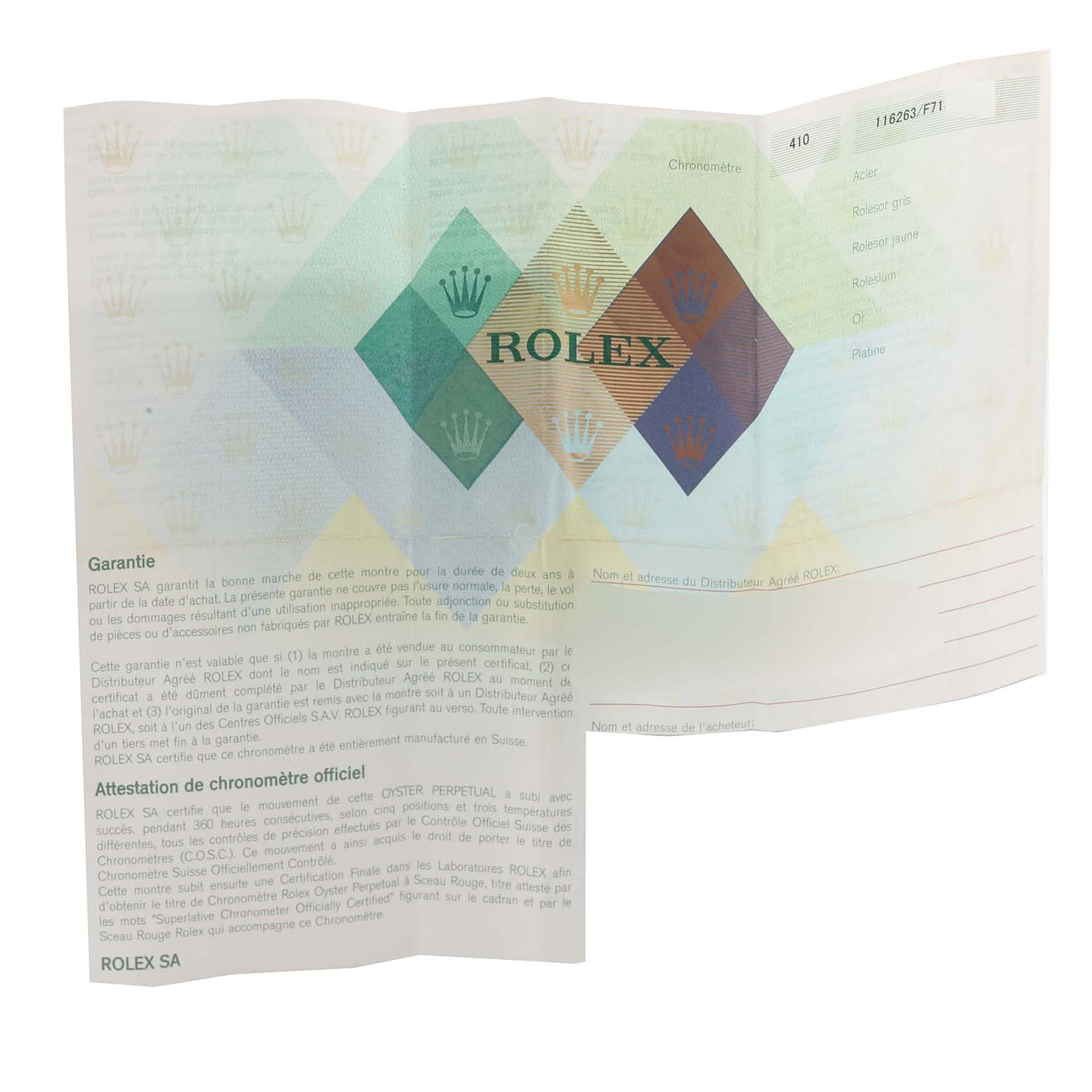 This image shows a warranty card for the Rolex Turn-o-Graph 116263 Men's Steel and Gold (two tone) Grey Dial 116263 Men's Steel and Gold (two tone) Grey Dial model, displaying text and the Rolex logo.