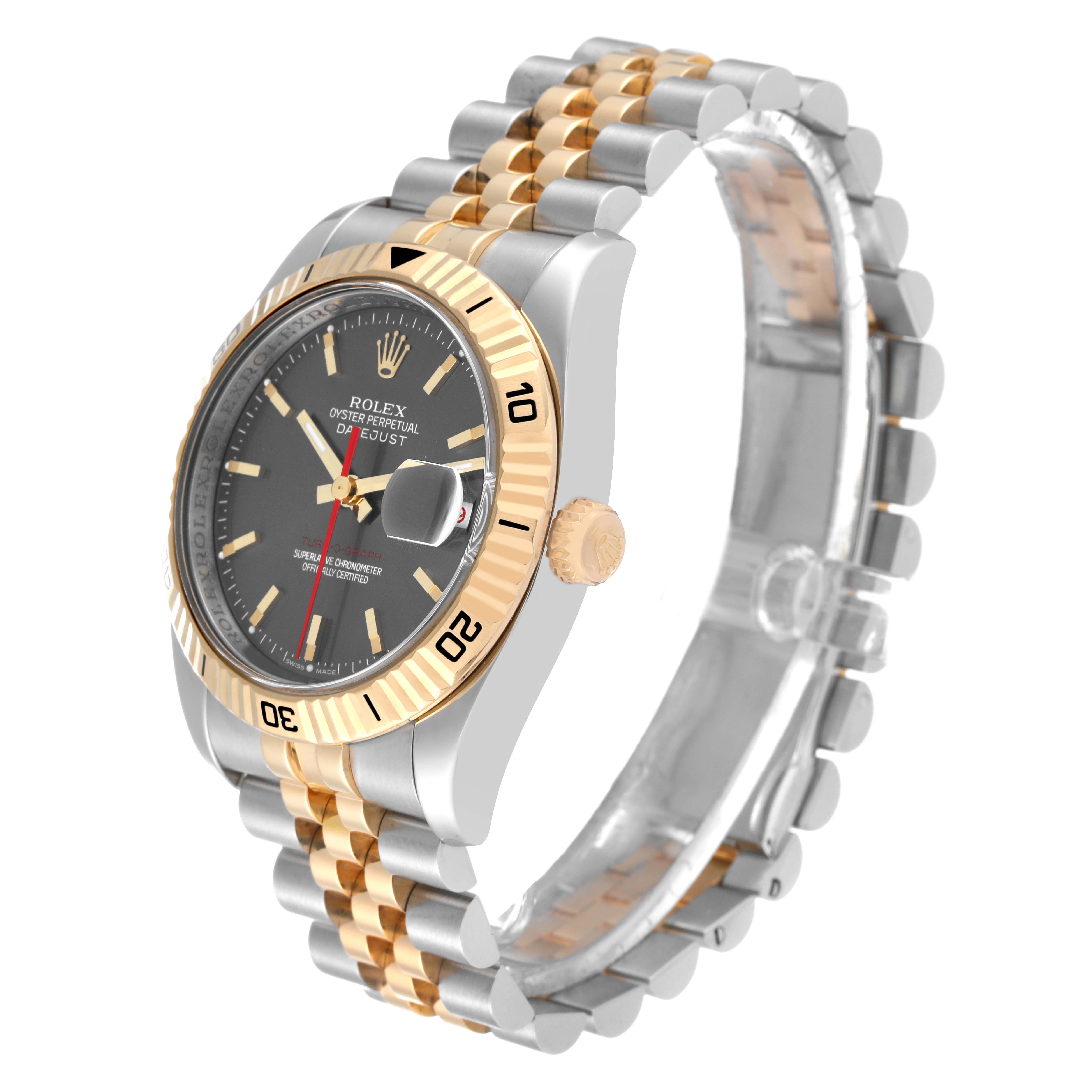 The image shows a side angle view of the Rolex Turn-o-Graph 116263 Men's Steel and Gold (two tone) Grey Dial 116263 Men's Steel and Gold (two tone) Grey Dial model, highlighting its dial, bezel, crown, and two-tone bracelet.
