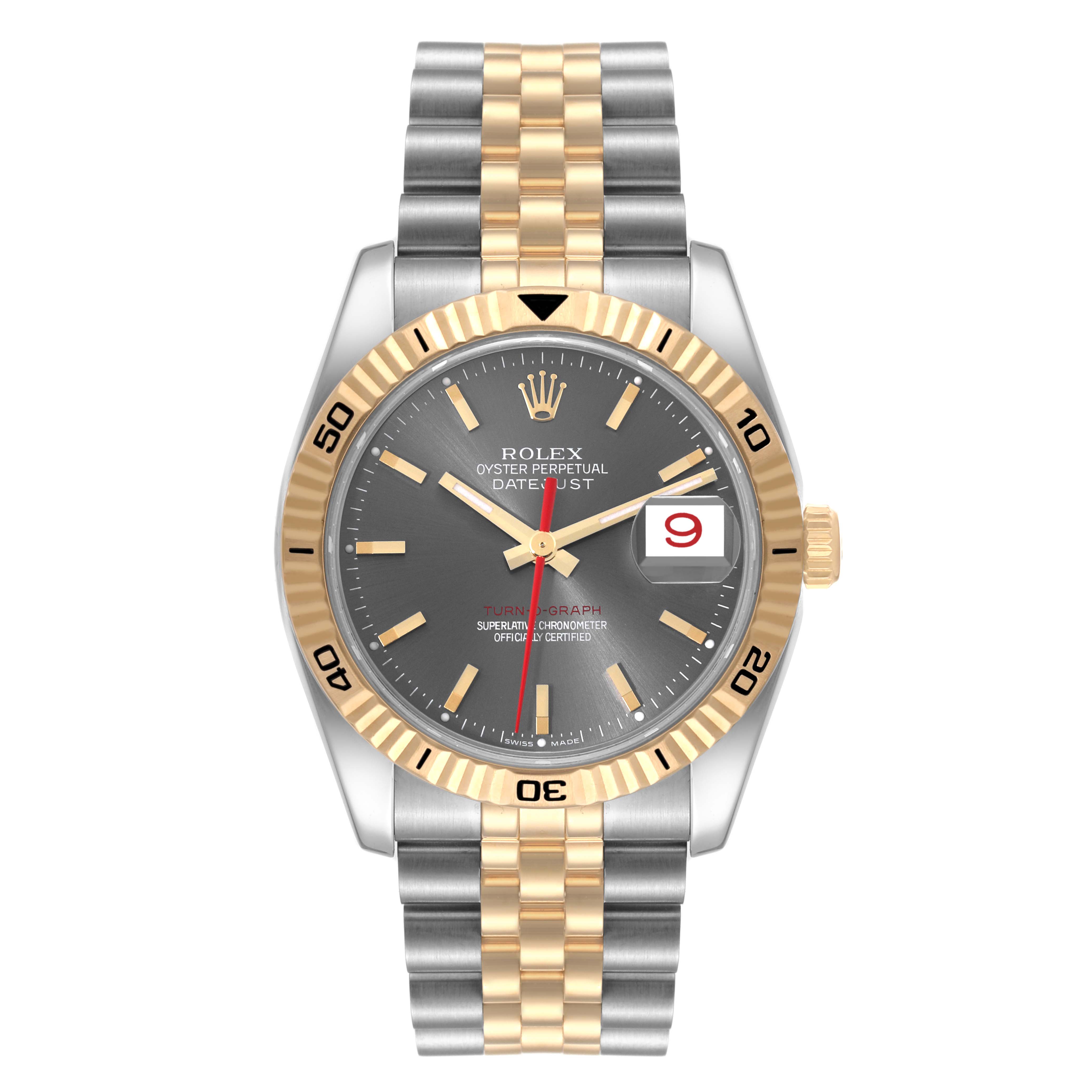 The image shows a front view of a Rolex Turn-o-Graph 116263 Men's Steel and Gold (two tone) Grey Dial 116263 Men's Steel and Gold (two tone) Grey Dial watch, displaying its dial, bezel, crown, and two-tone bracelet.