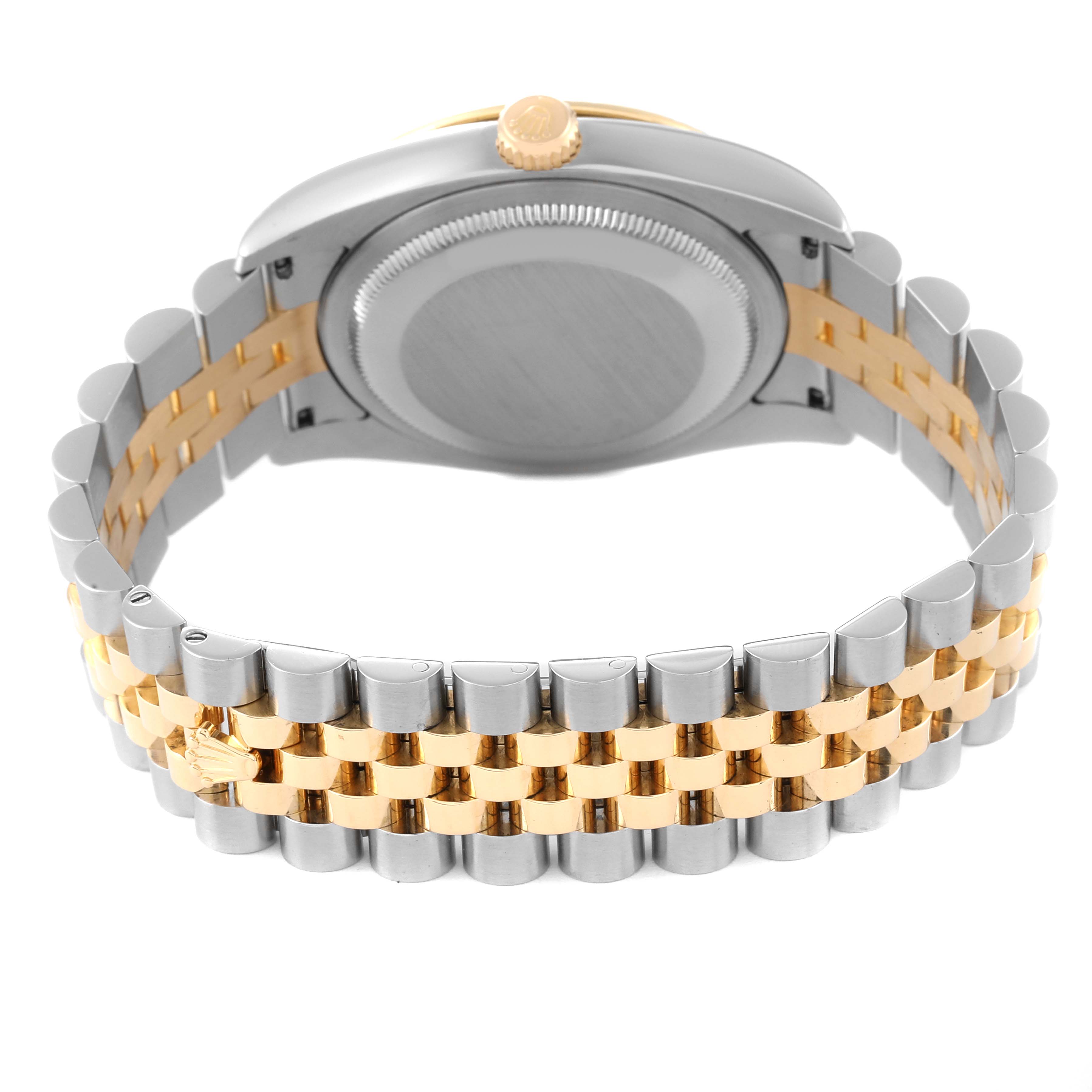 The image shows the back of a Rolex Turn-o-Graph 116263 Men's Steel and Gold (two tone) Grey Dial 116263 Men's Steel and Gold (two tone) Grey Dial watch, highlighting its two-tone bracelet with stainless steel and gold links.