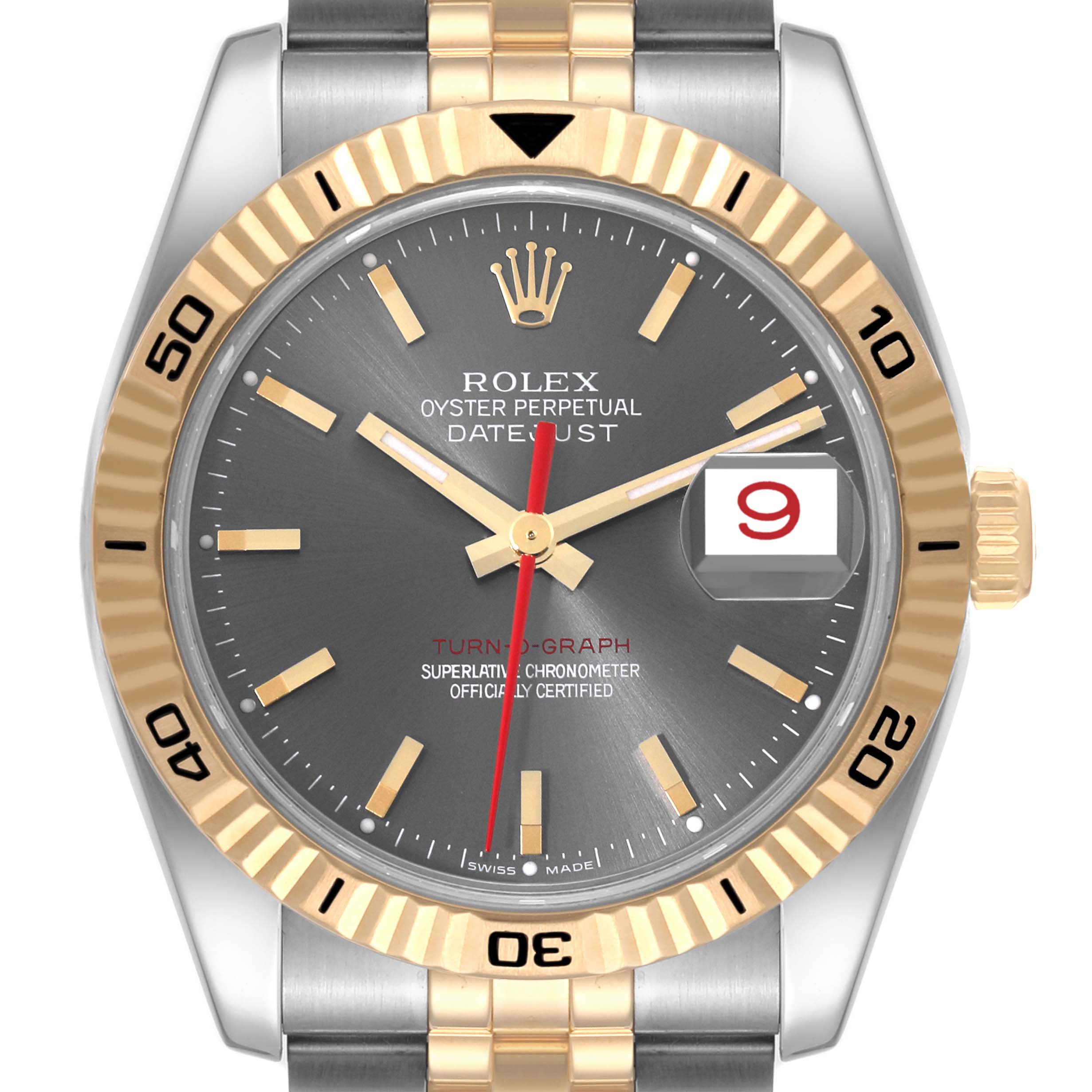 The image shows the Rolex Turn-o-Graph 116263 Men's Steel and Gold (two tone) Grey Dial 116263 Men's Steel and Gold (two tone) Grey Dial watch from a frontal angle, highlighting the dial, bezel, crown, and part of the bracelet.