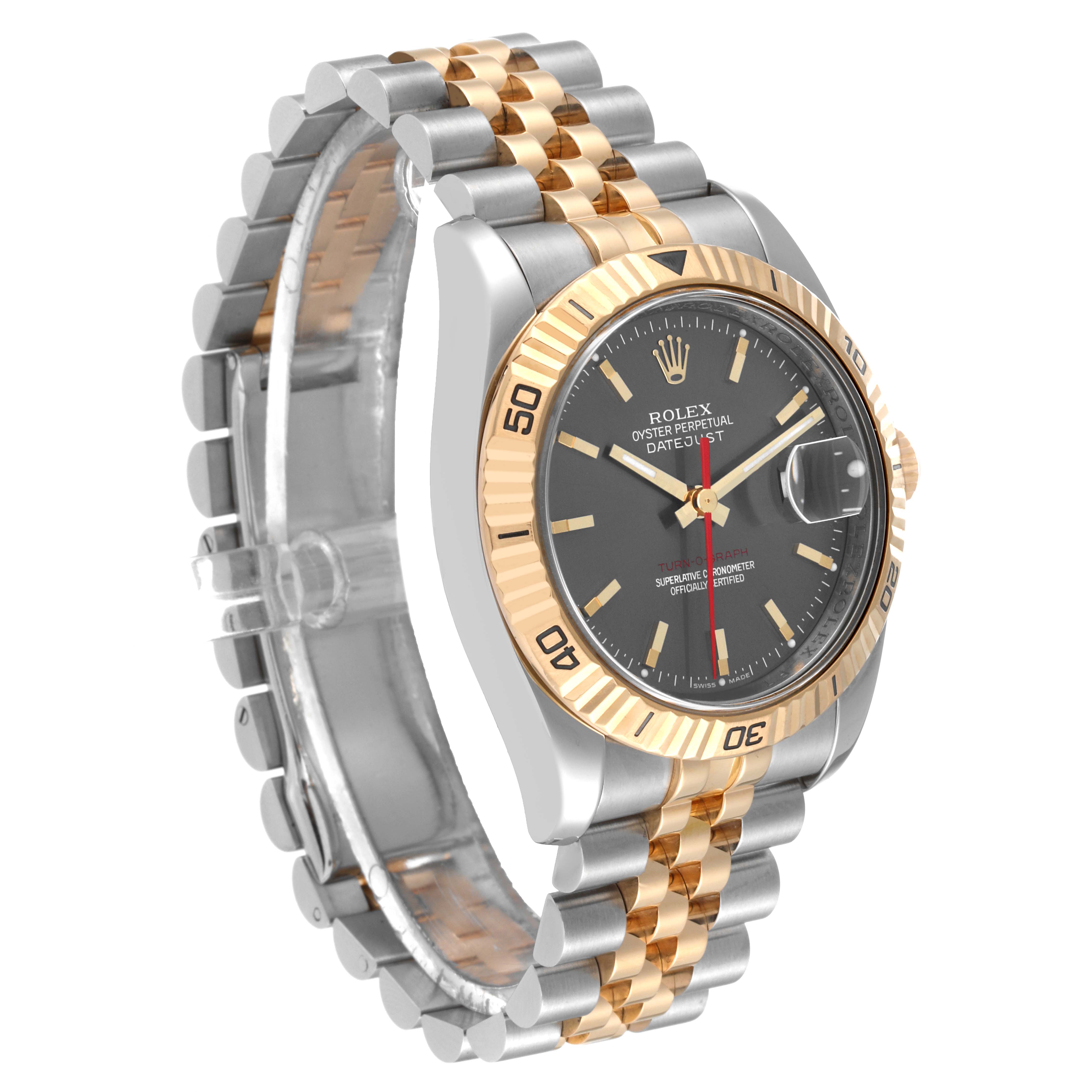The image shows a Rolex Turn-o-Graph 116263 Men's Steel and Gold (two tone) Grey Dial 116263 Men's Steel and Gold (two tone) Grey Dial watch at a 3/4 angle, displaying the face, two-tone bezel, and jubilee bracelet.