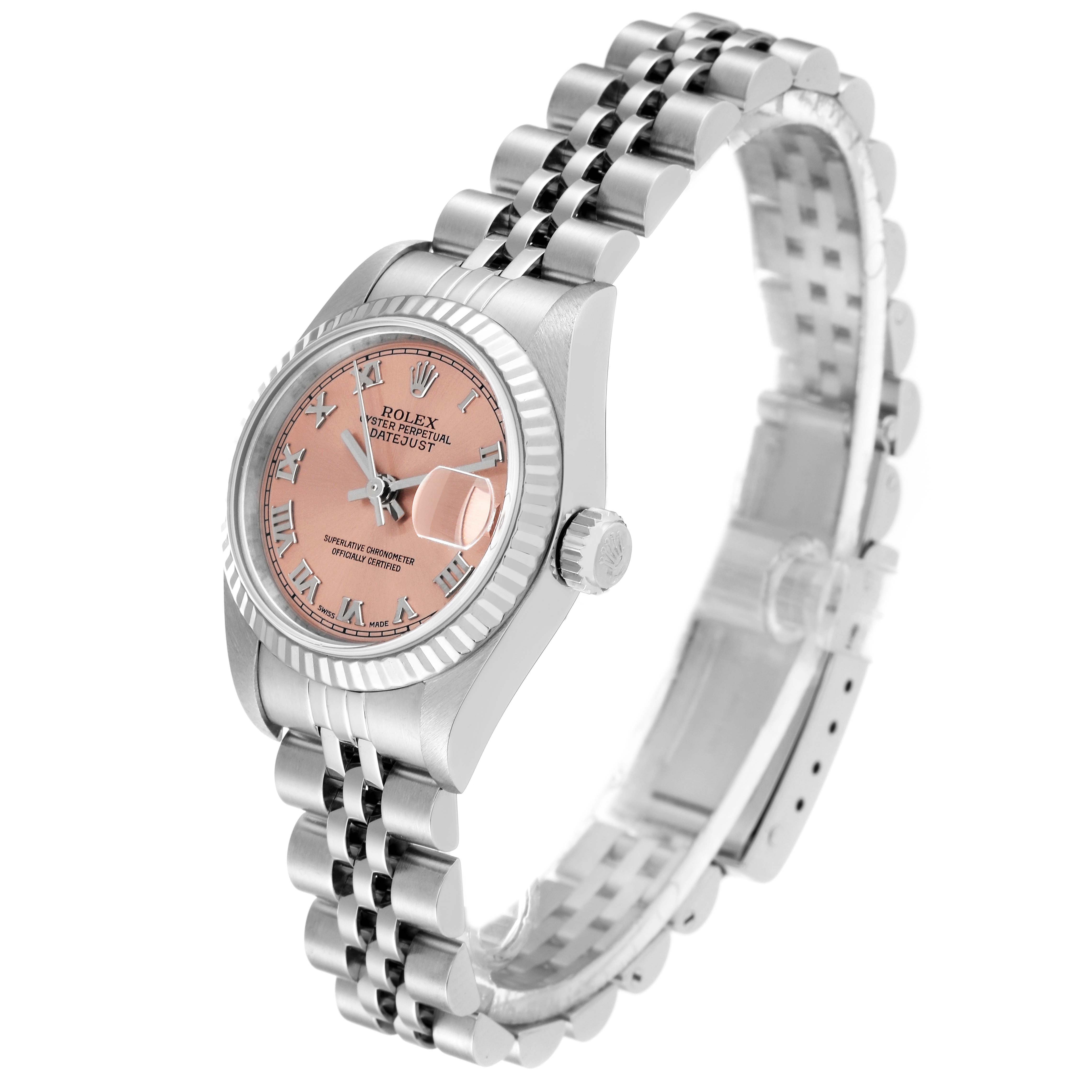 The Rolex Datejust 79174 Women's Stainless Steel Pink Dial 79174 Women's Stainless Steel Pink Dial watch is shown at a three-quarter angle, displaying the pink dial, fluted bezel, and Jubilee bracelet.