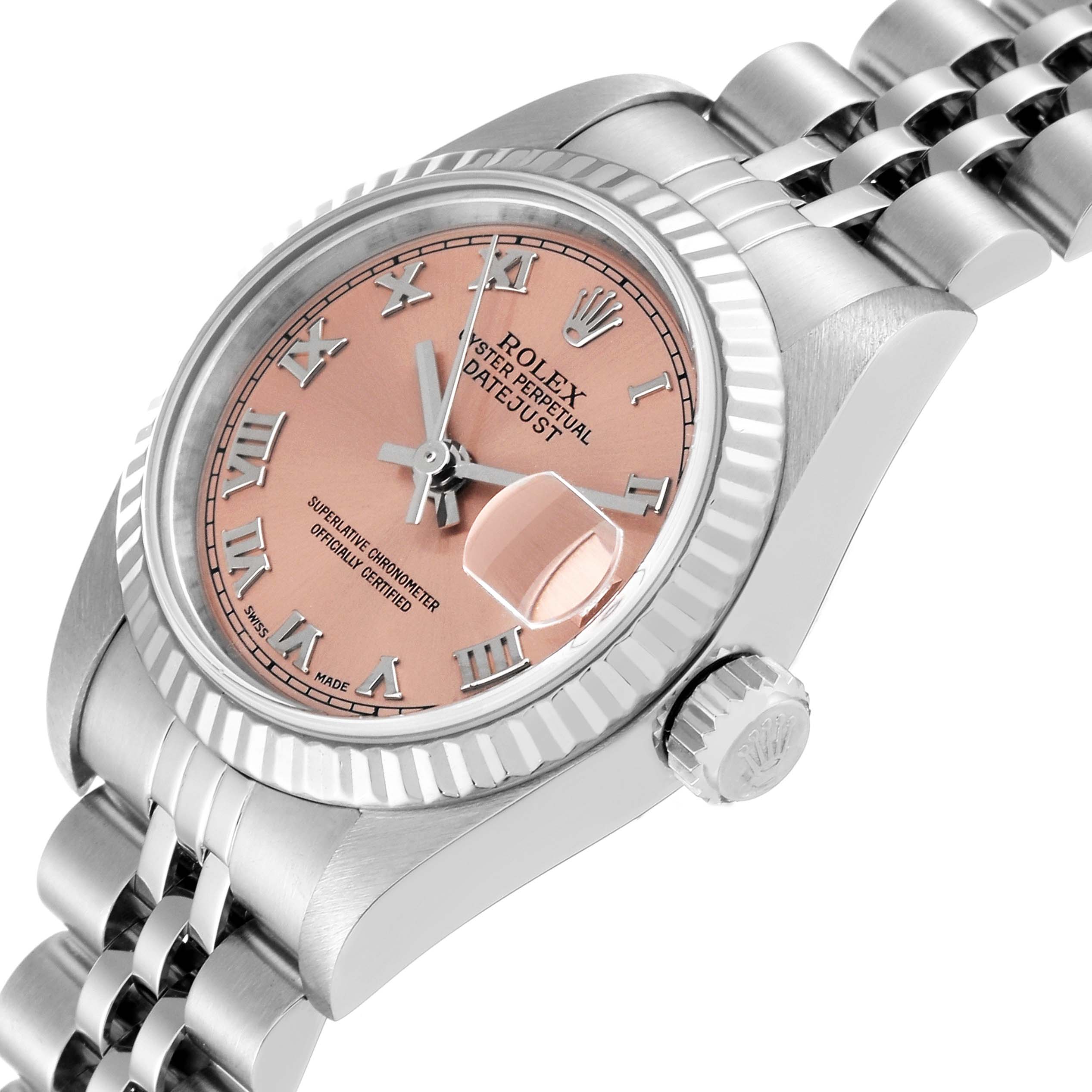 This image shows a side angle of the Rolex Datejust 79174 Women's Stainless Steel Pink Dial 79174 Women's Stainless Steel Pink Dial watch, highlighting the crown, bezel, bracelet, and dial with date magnifier.