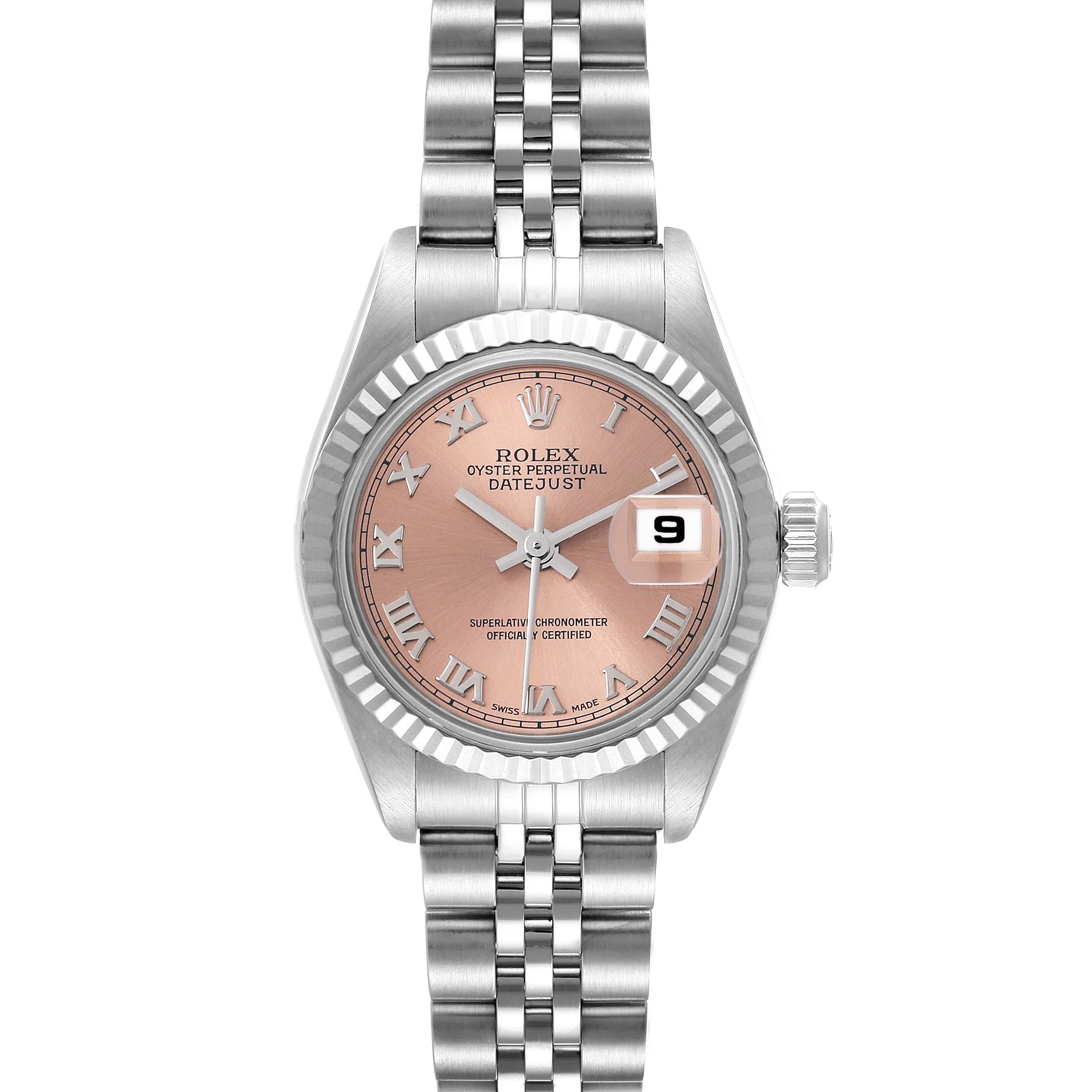 This image shows a Rolex Datejust 79174 Women's Stainless Steel Pink Dial 79174 Women's Stainless Steel Pink Dial watch from a front-facing angle, highlighting the dial, bezel, and bracelet.