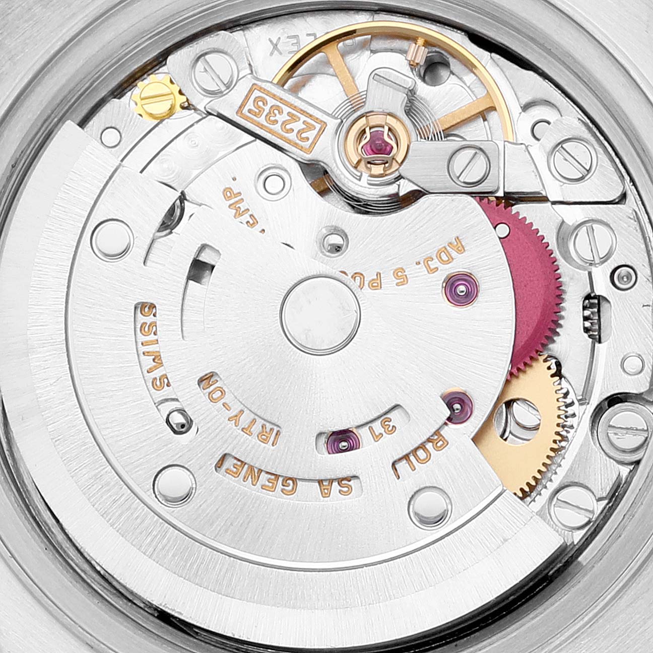 This image shows the close-up view of the movement mechanism inside a Rolex Datejust 79174 Women's Stainless Steel Pink Dial 79174 Women's Stainless Steel Pink Dial watch.