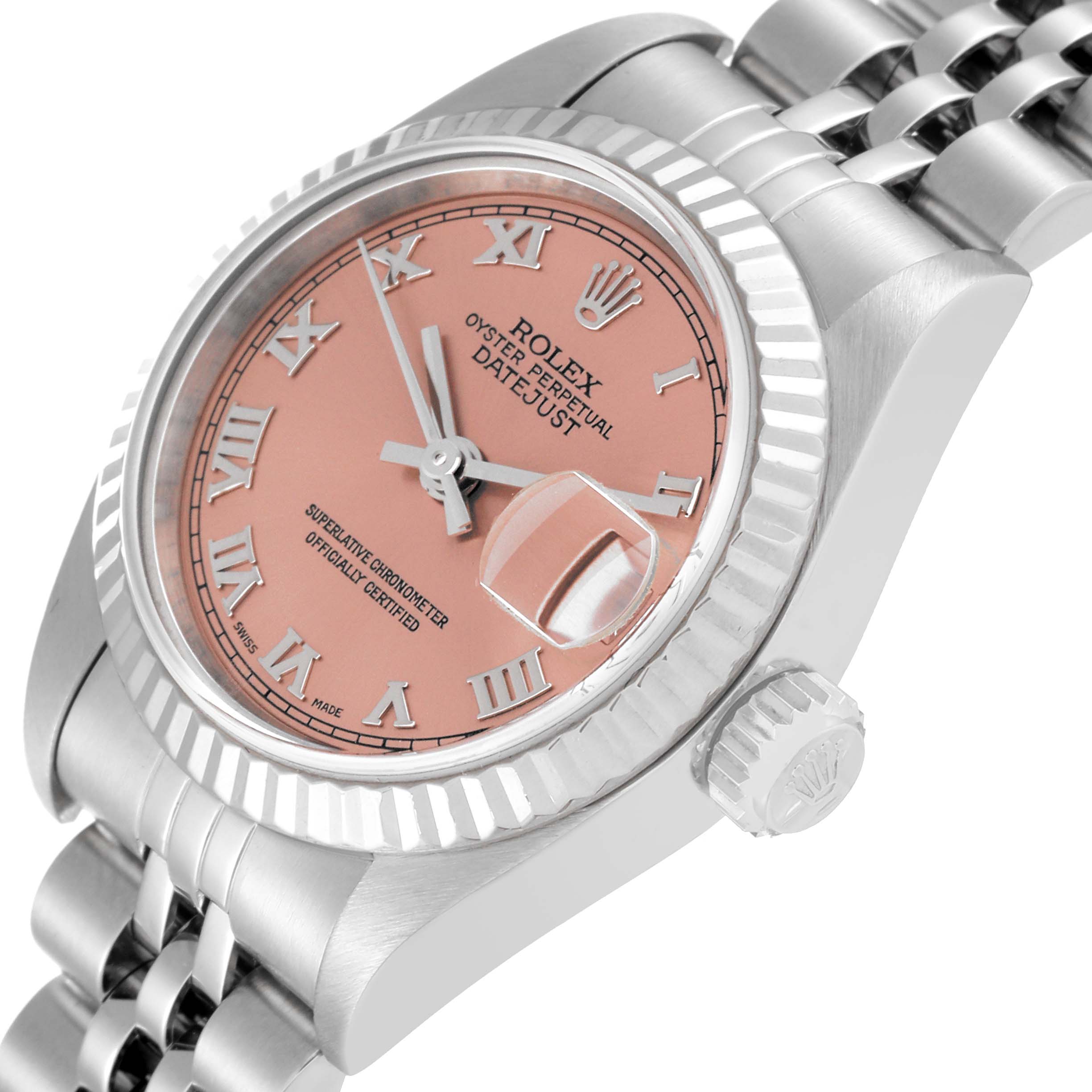 The image shows a close-up angle of the Rolex Datejust 79174 Women's Stainless Steel Pink Dial 79174 Women's Stainless Steel Pink Dial watch, highlighting the pink dial, fluted bezel, crown, and Jubilee bracelet.