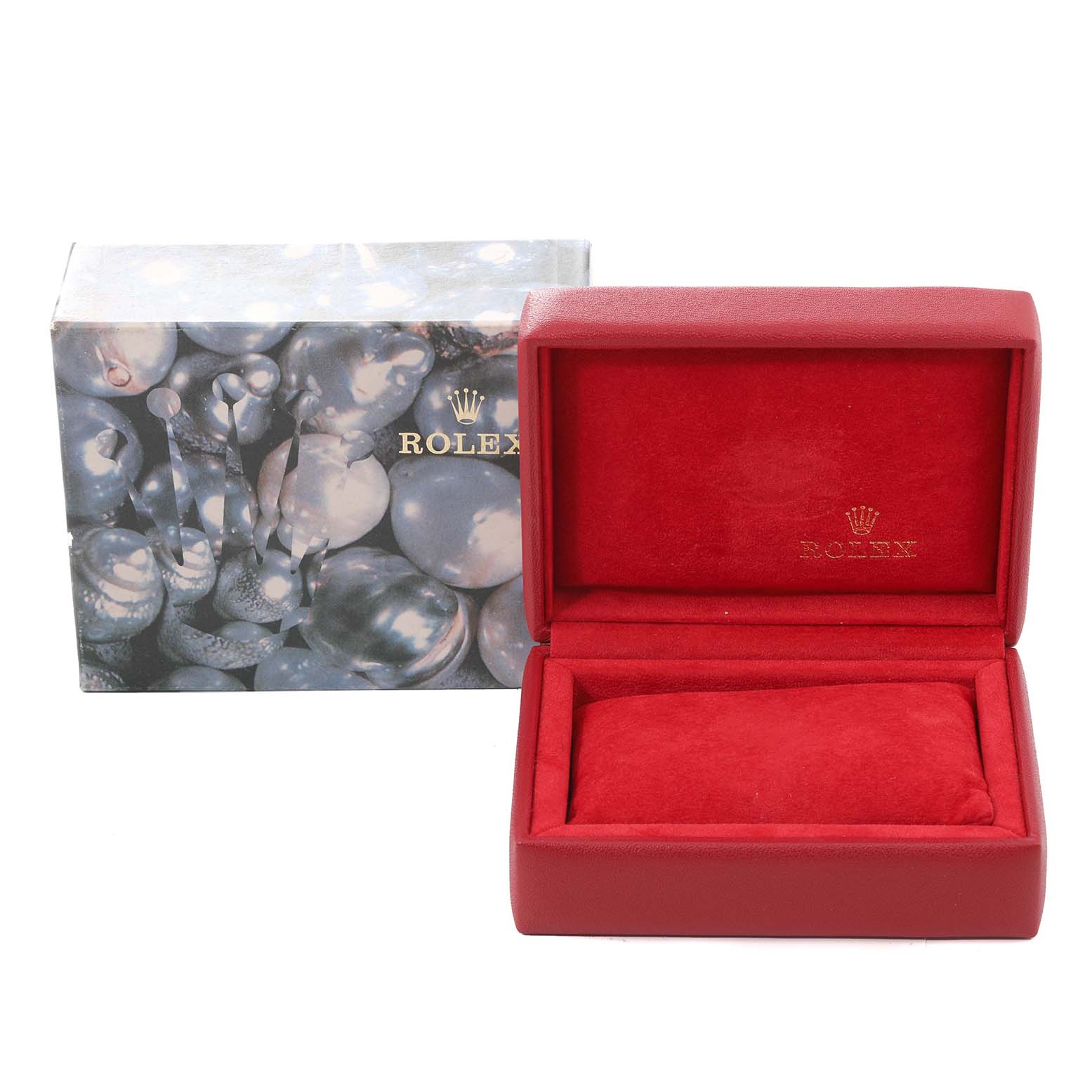 The image shows an empty Rolex Datejust 79174 Women's Stainless Steel Pink Dial 79174 Women's Stainless Steel Pink Dial watch box and its outer packaging from a frontal angle.