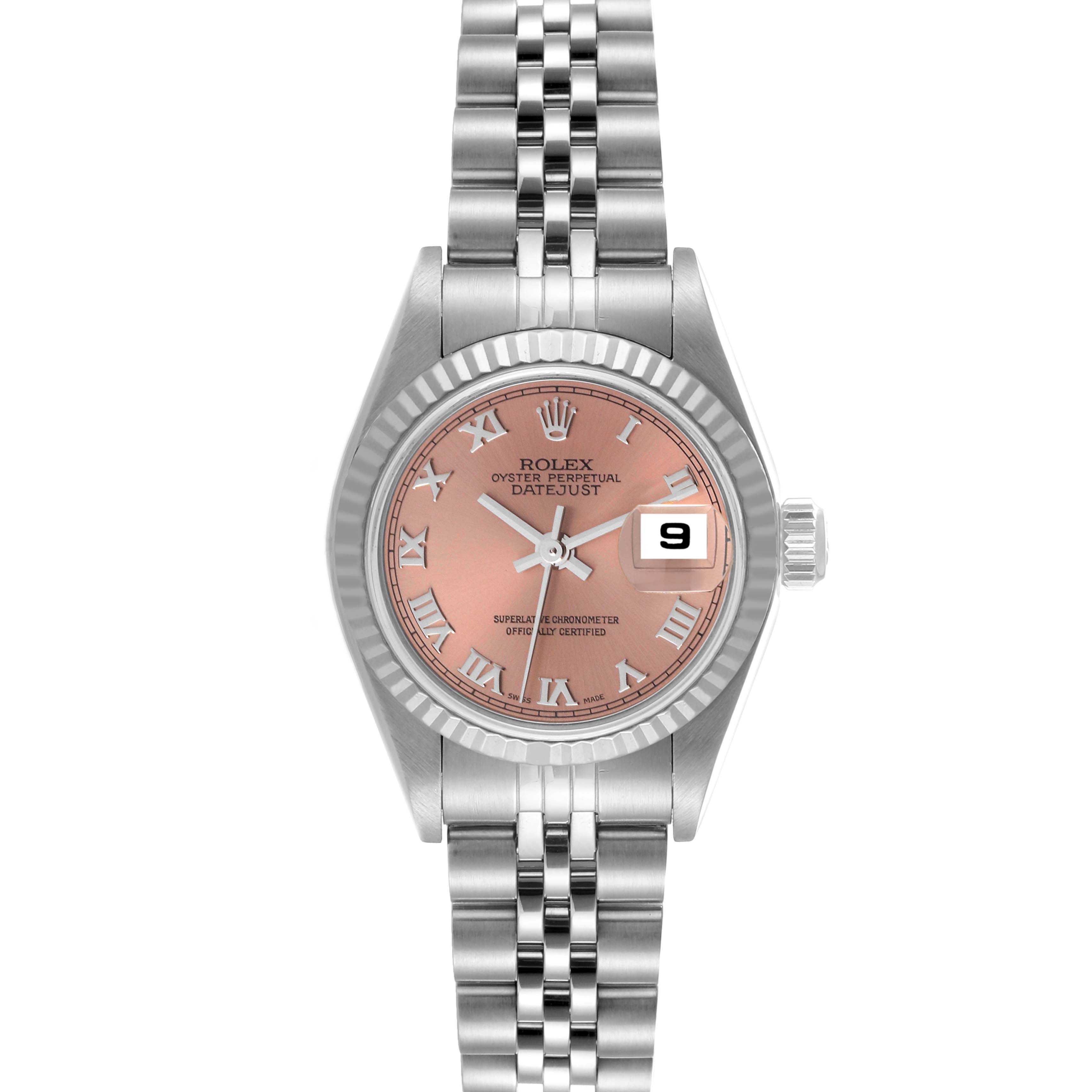 This image shows a front view of a Rolex Datejust 79174 Women's Stainless Steel Pink Dial 79174 Women's Stainless Steel Pink Dial watch, highlighting its pink dial, date window, and stainless steel bracelet.
