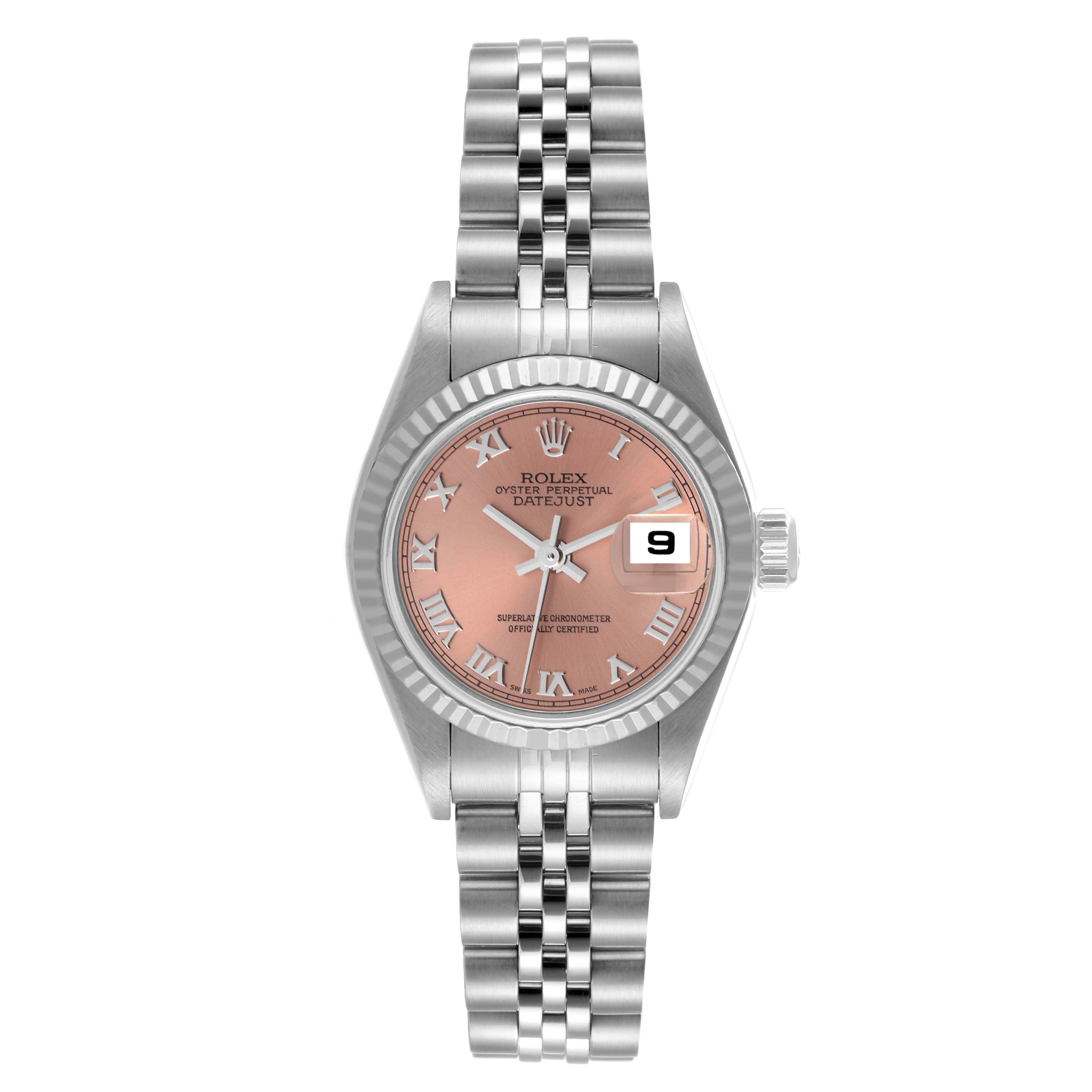 This image shows a Rolex Datejust 79174 Women's Stainless Steel Pink Dial 79174 Women's Stainless Steel Pink Dial watch from the front, displaying the dial, bezel, band, and date window.