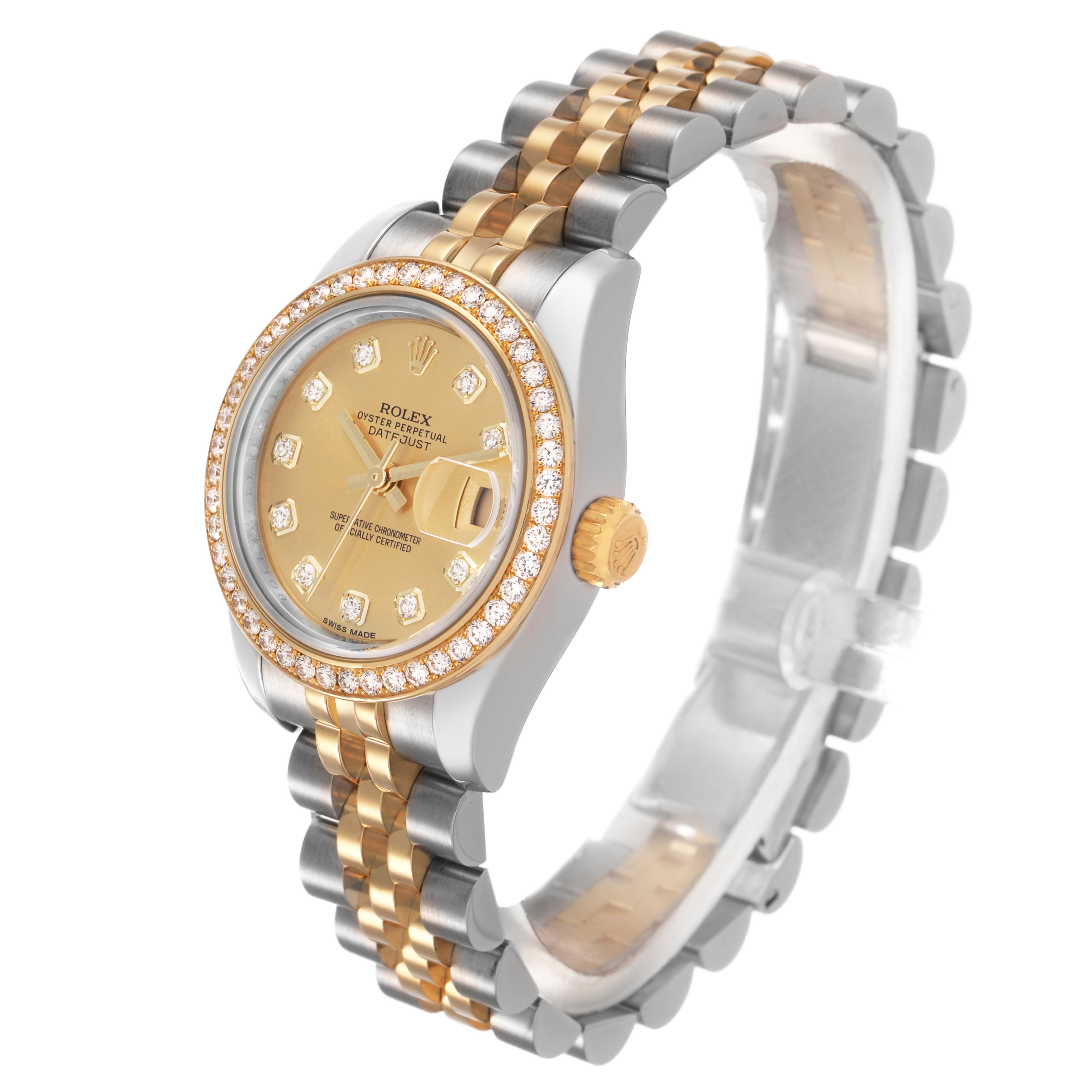 The image shows a Rolex Datejust 179383 Women's Steel and Gold (two tone) Champagne Dial watch at a slight angle, highlighting its gold and silver bracelet, diamond bezel, and dial.