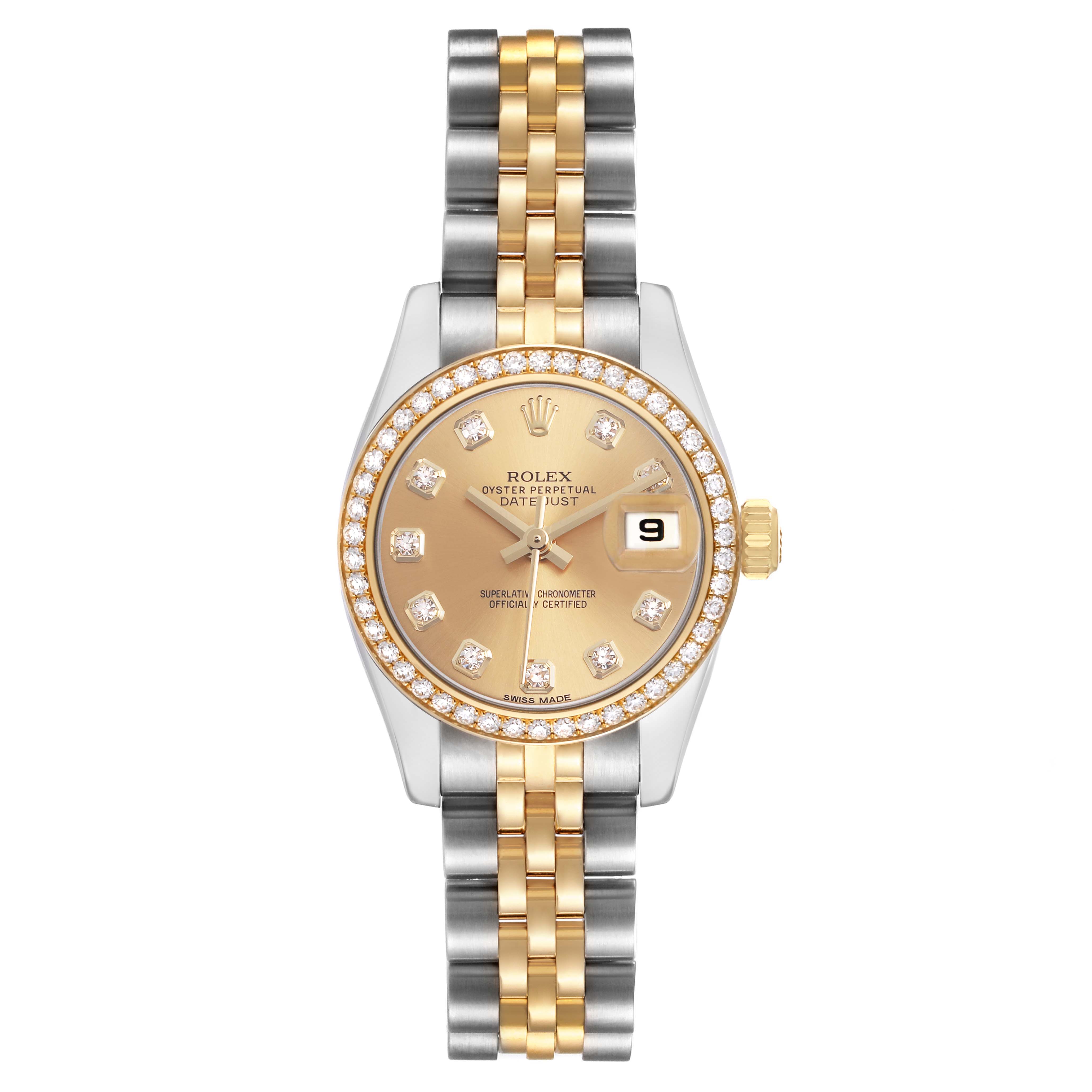 The Rolex Datejust 179383 Women's Steel and Gold (two tone) Champagne Dial watch is shown from a top-down angle, highlighting its two-tone band, diamond-studded bezel, and champagne dial.