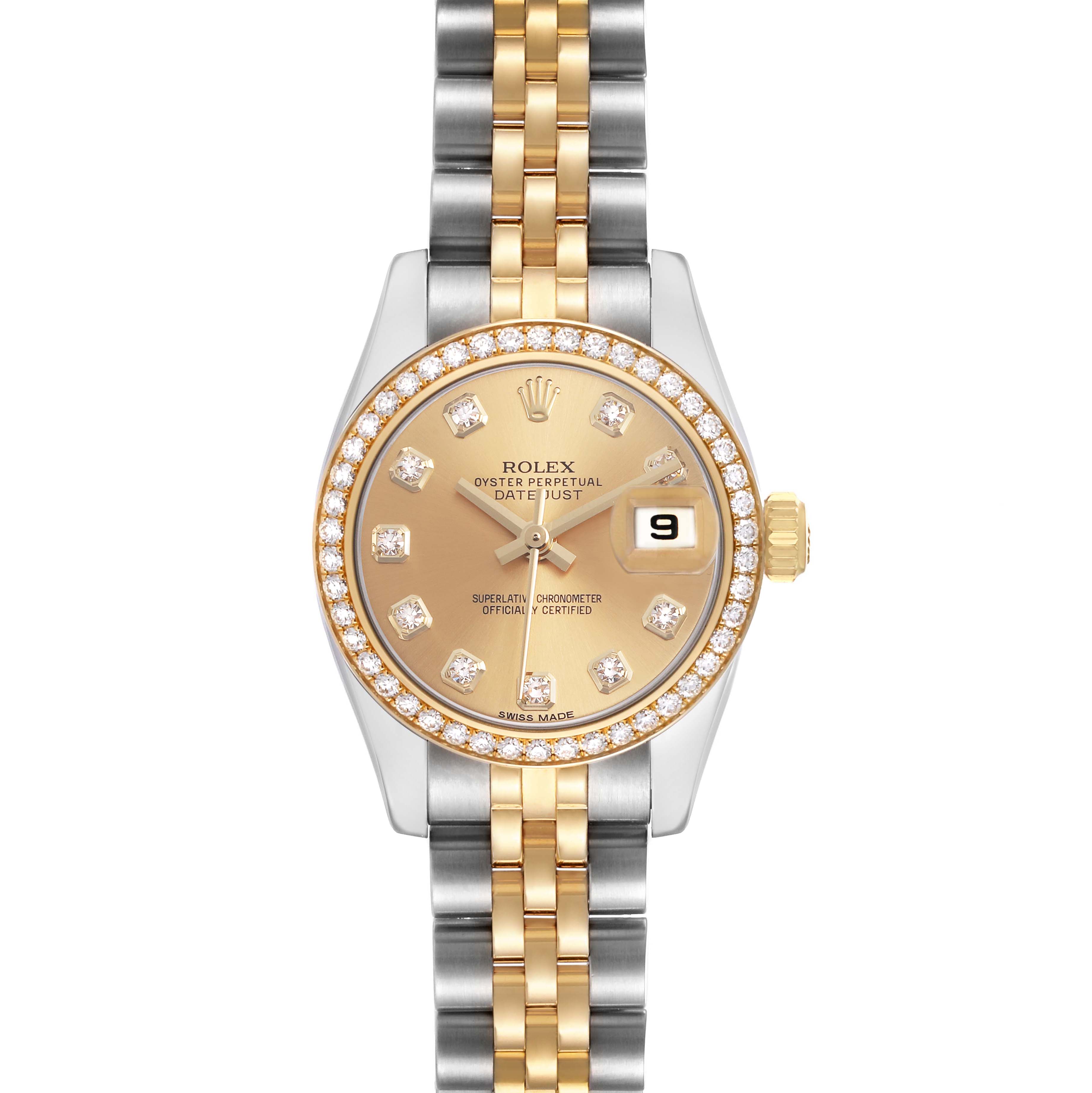 The Rolex Datejust 179383 Women's Steel and Gold (two tone) Champagne Dial watch is shown from a top-down angle, highlighting its gold and diamond-set bezel, champagne dial, and two-tone bracelet.