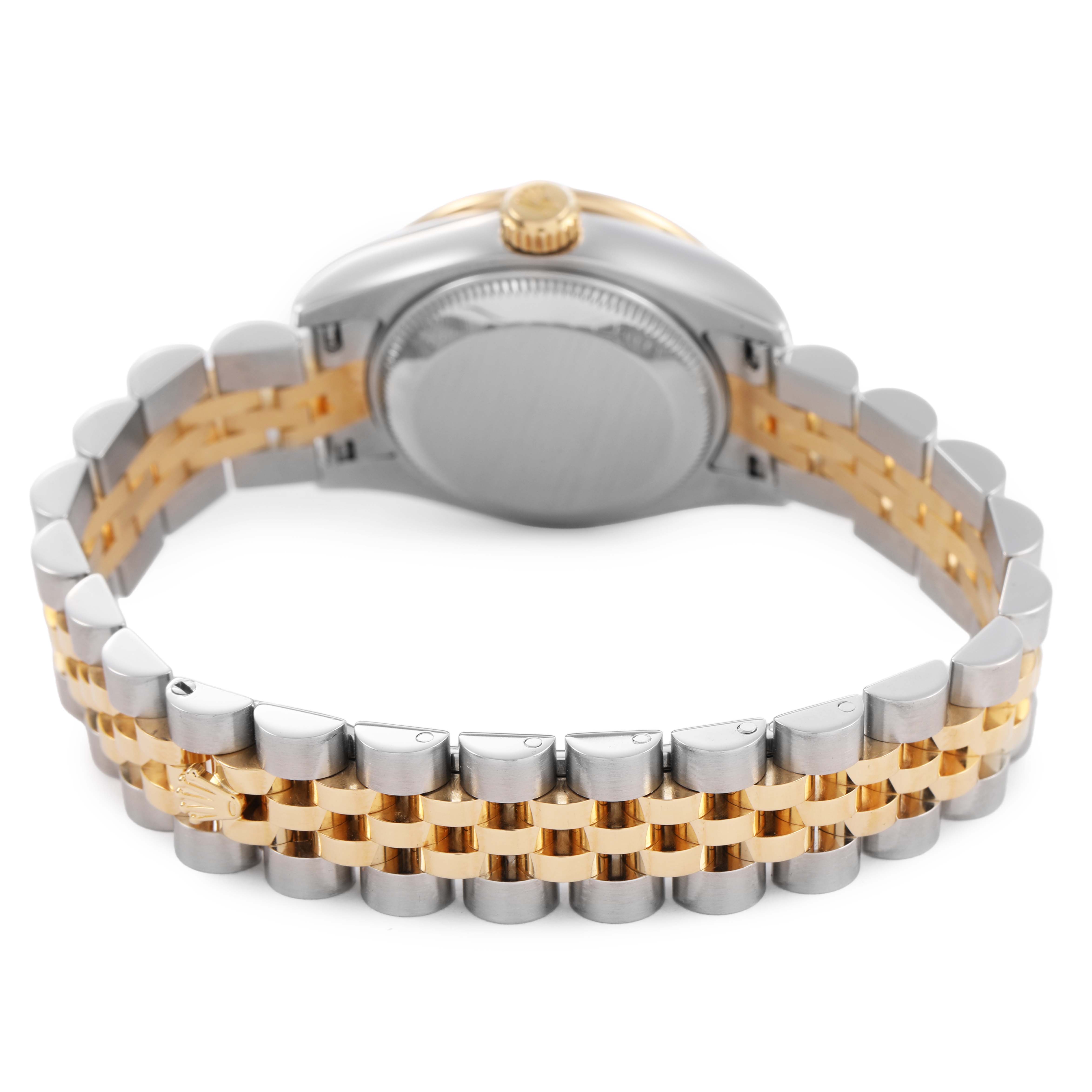 The image shows the back view of a Rolex Datejust 179383 Women's Steel and Gold (two tone) Champagne Dial, highlighting the case back and two-tone bracelet.