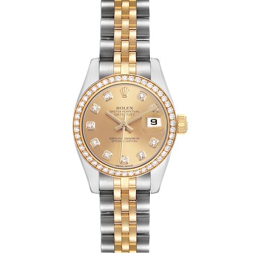 The Rolex Datejust 179383 Women's Steel and Gold (two tone) Champagne Dial watch is shown from a top-down angle, highlighting its gold dial, diamond hour markers, and two-tone bracelet.
