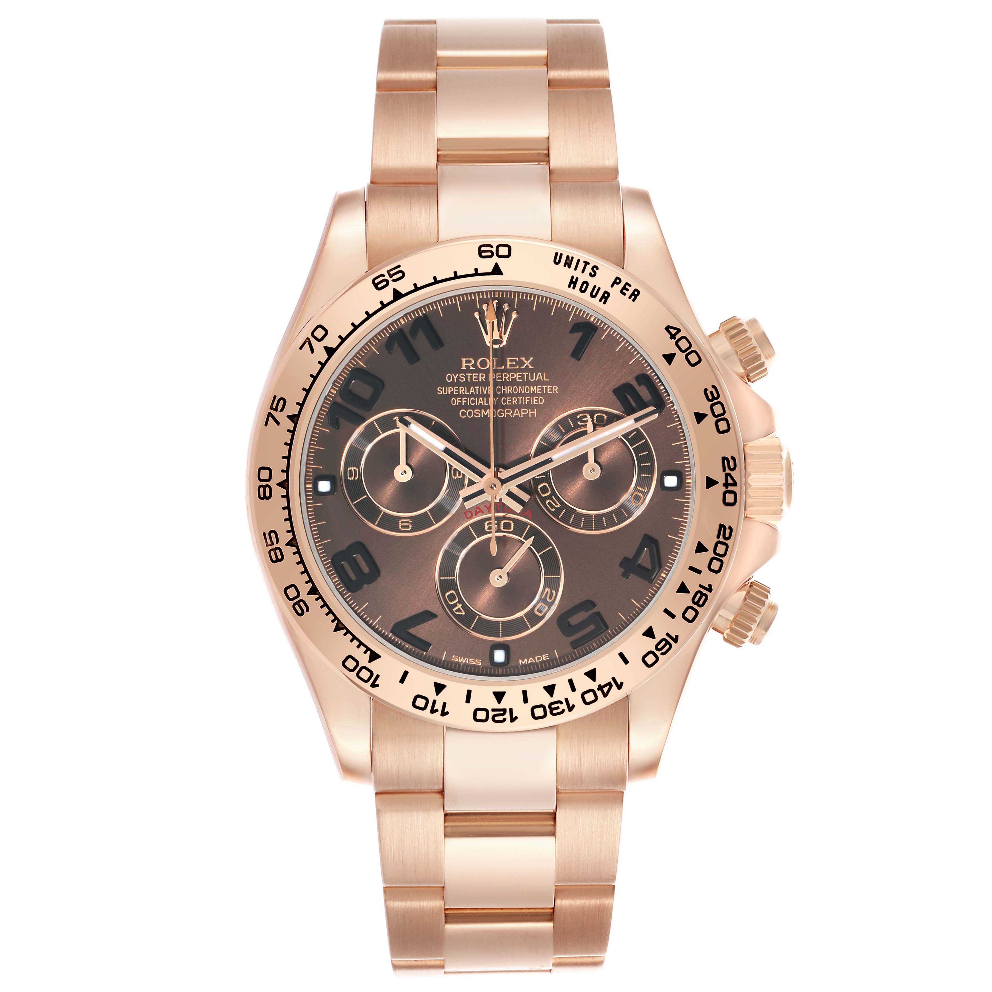 The Rolex Daytona 116505 Men
s Rose Gold Brown Dial is shown from a front angle, displaying the face, bezel, and bracelet.