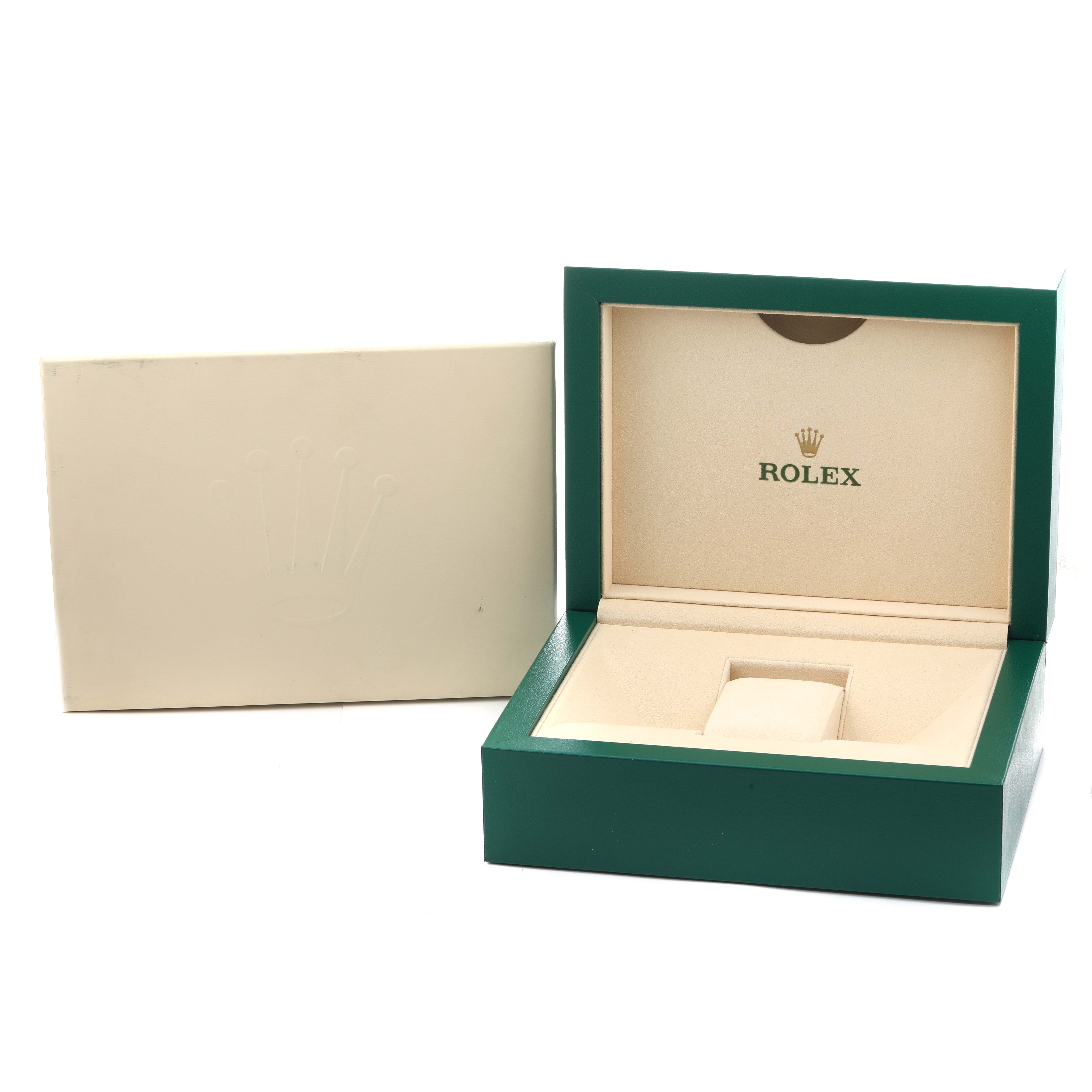 The image shows an open Rolex Daytona 116505 Men
s Rose Gold Brown Dial watch box and its outer sleeve from a front angle.