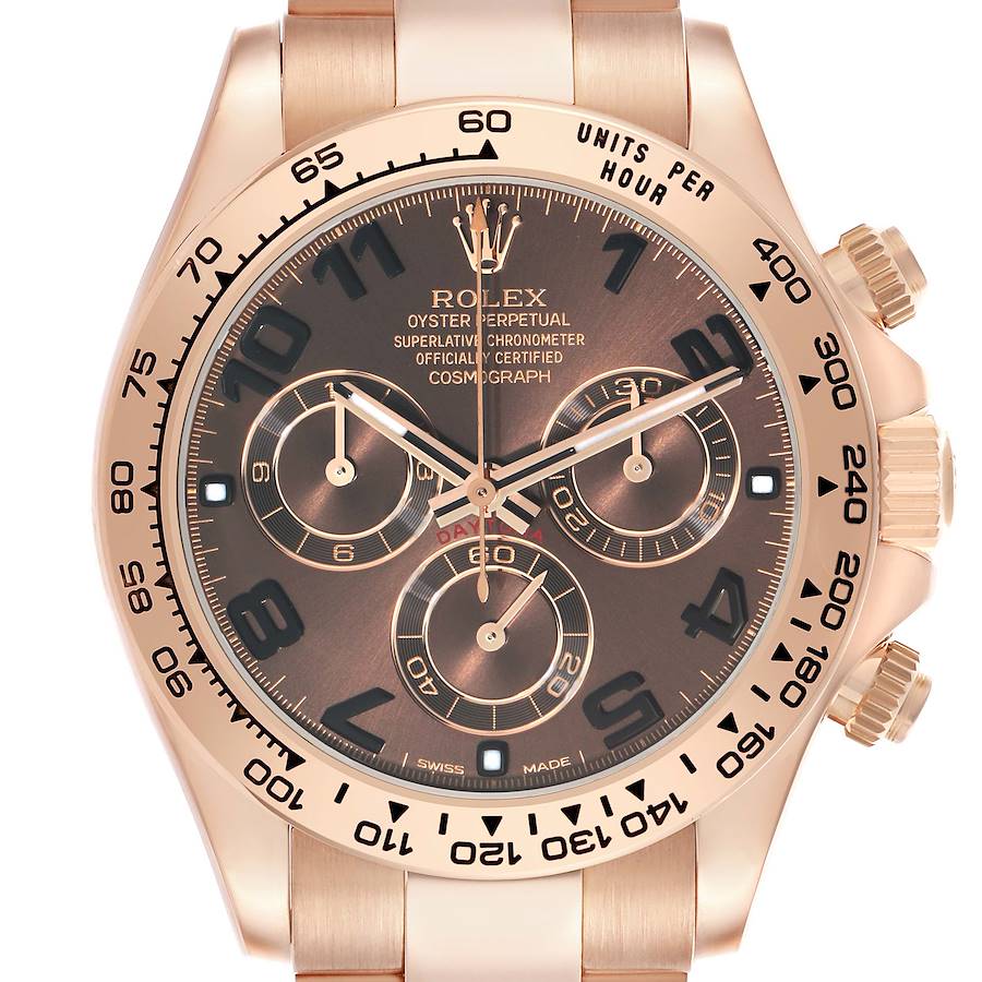 The image shows a front view of a Rolex Daytona 116505 Men's Rose Gold Brown Dial watch, highlighting its dial, bezel, and pushers.