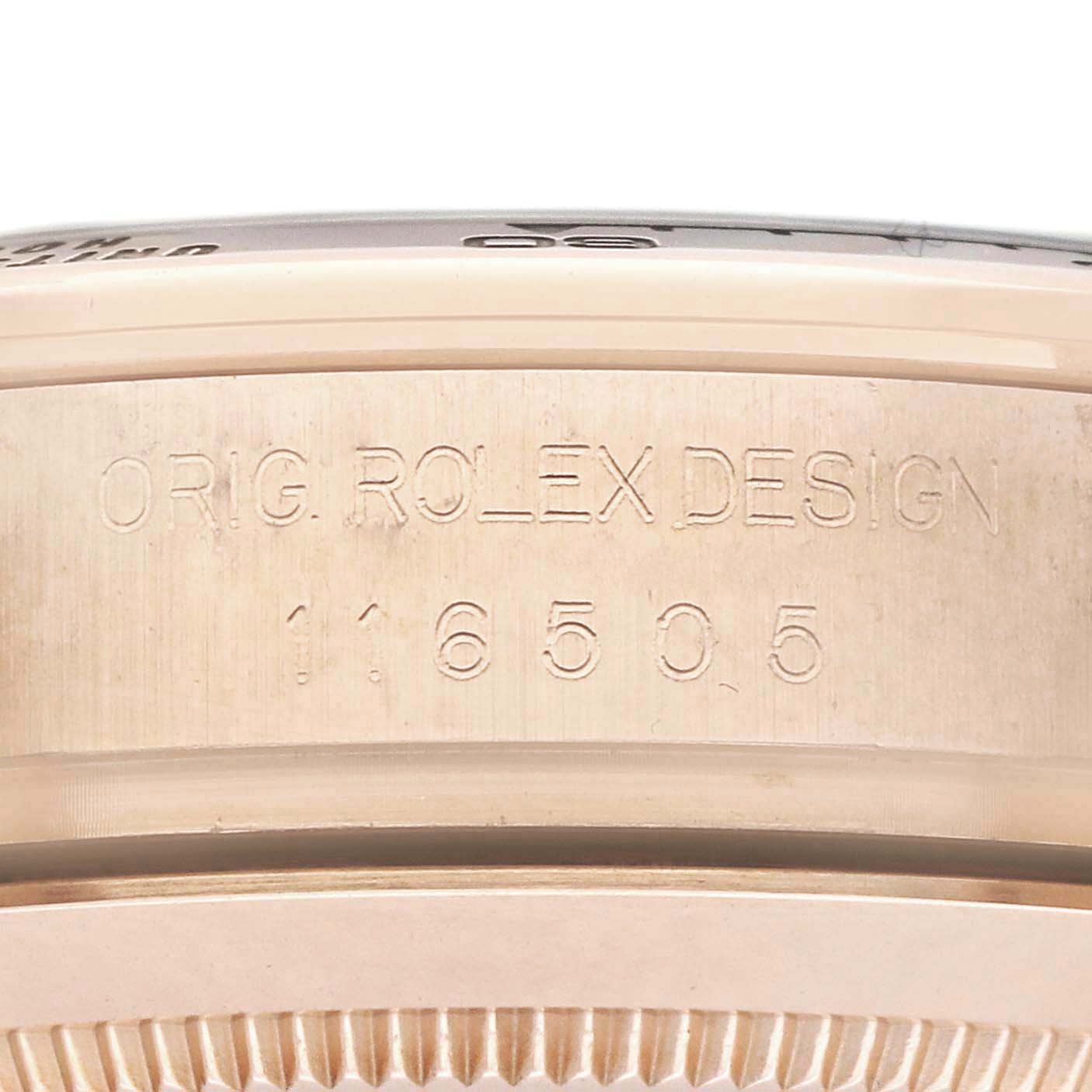 The image shows a close-up of the side of a Rolex Daytona 116505 Men
s Rose Gold Brown Dial watch case, highlighting the engraved model number "116505".