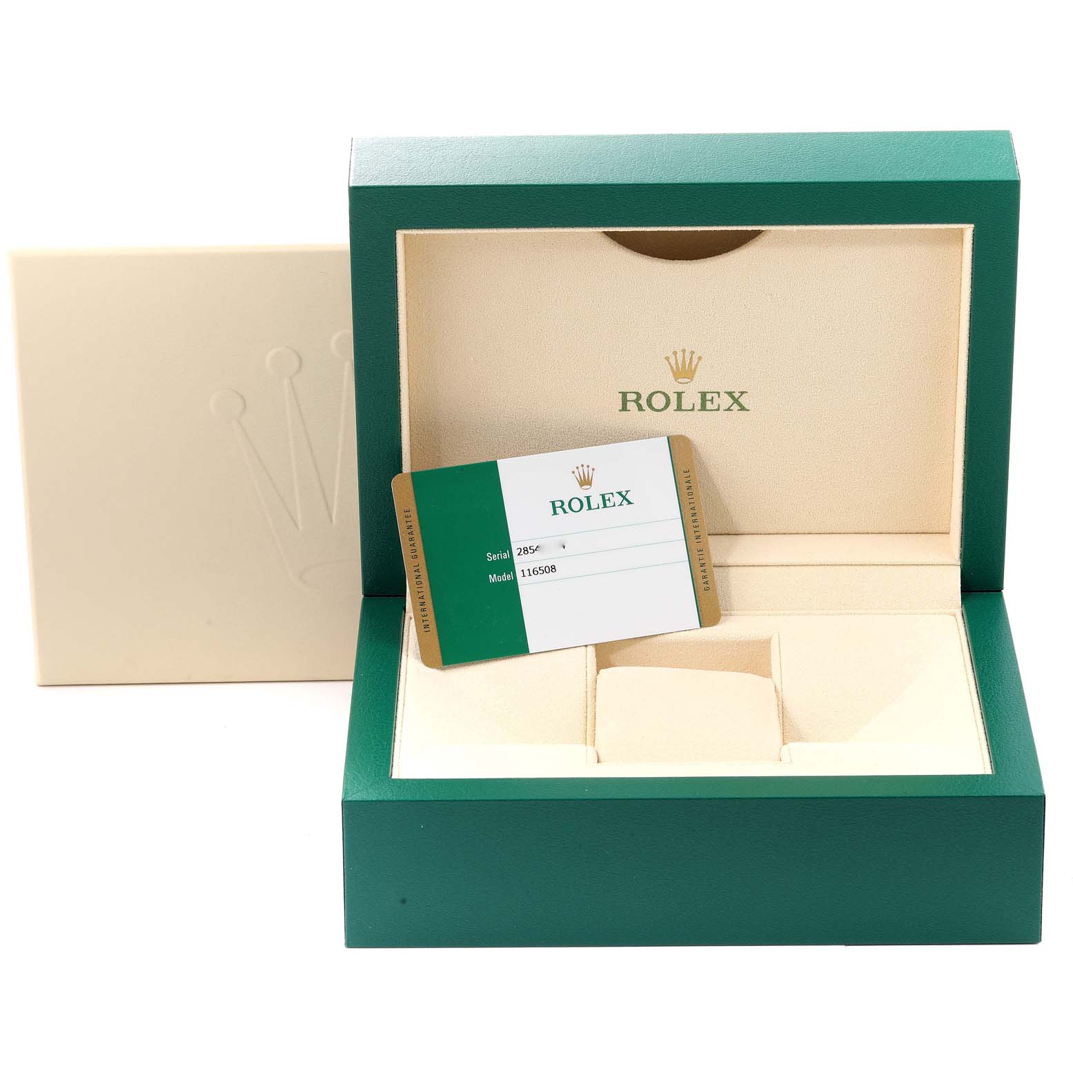 The image shows a Rolex Daytona 116508 Men's Yellow Gold Green Dial 116508 Men's Yellow Gold Green Dial watch box with an authenticity card placed inside it, viewed from the front.