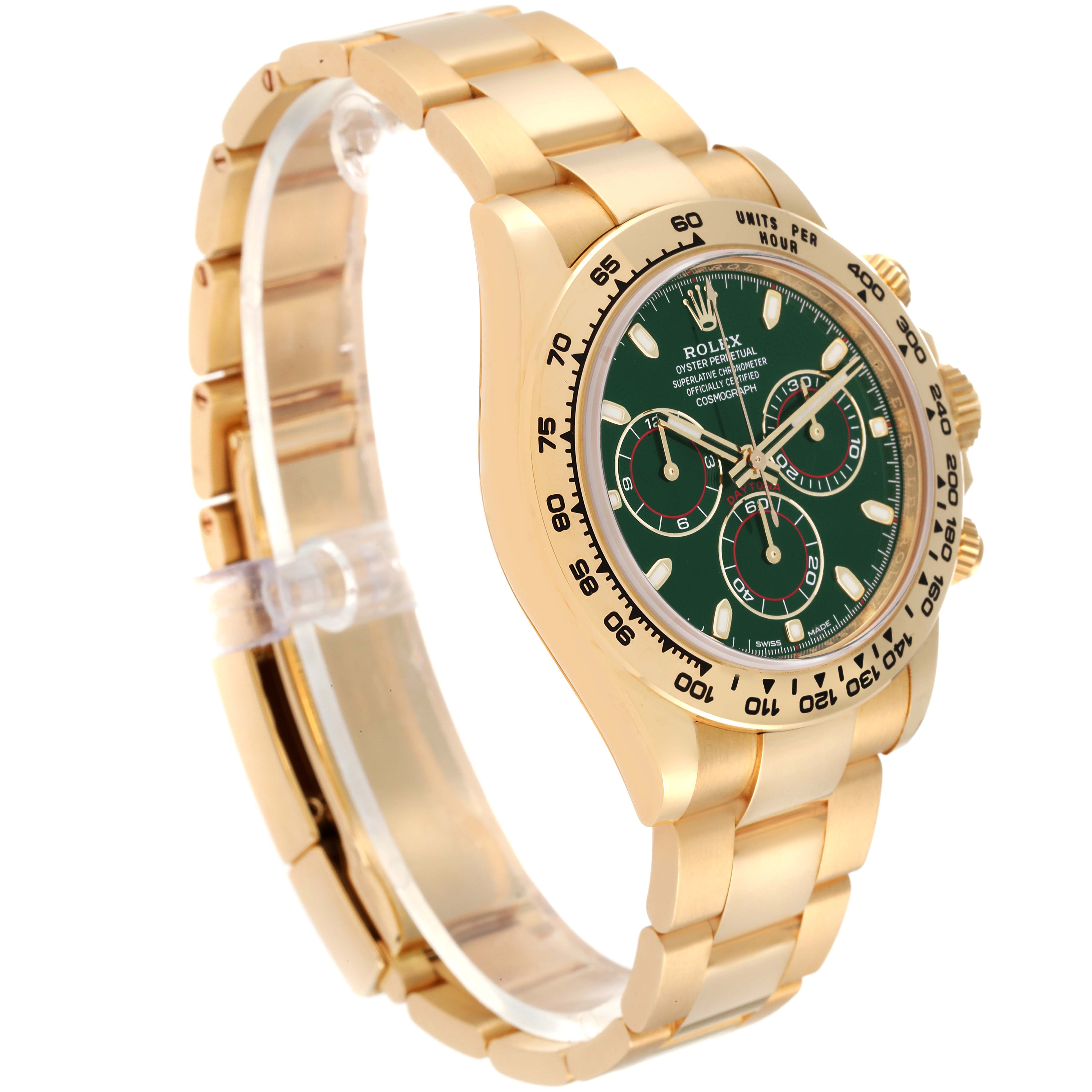 This image shows a side angle of a Rolex Daytona 116508 Men's Yellow Gold Green Dial 116508 Men's Yellow Gold Green Dial watch, displaying its gold bracelet, bezel, and green dial with chronograph subdials.
