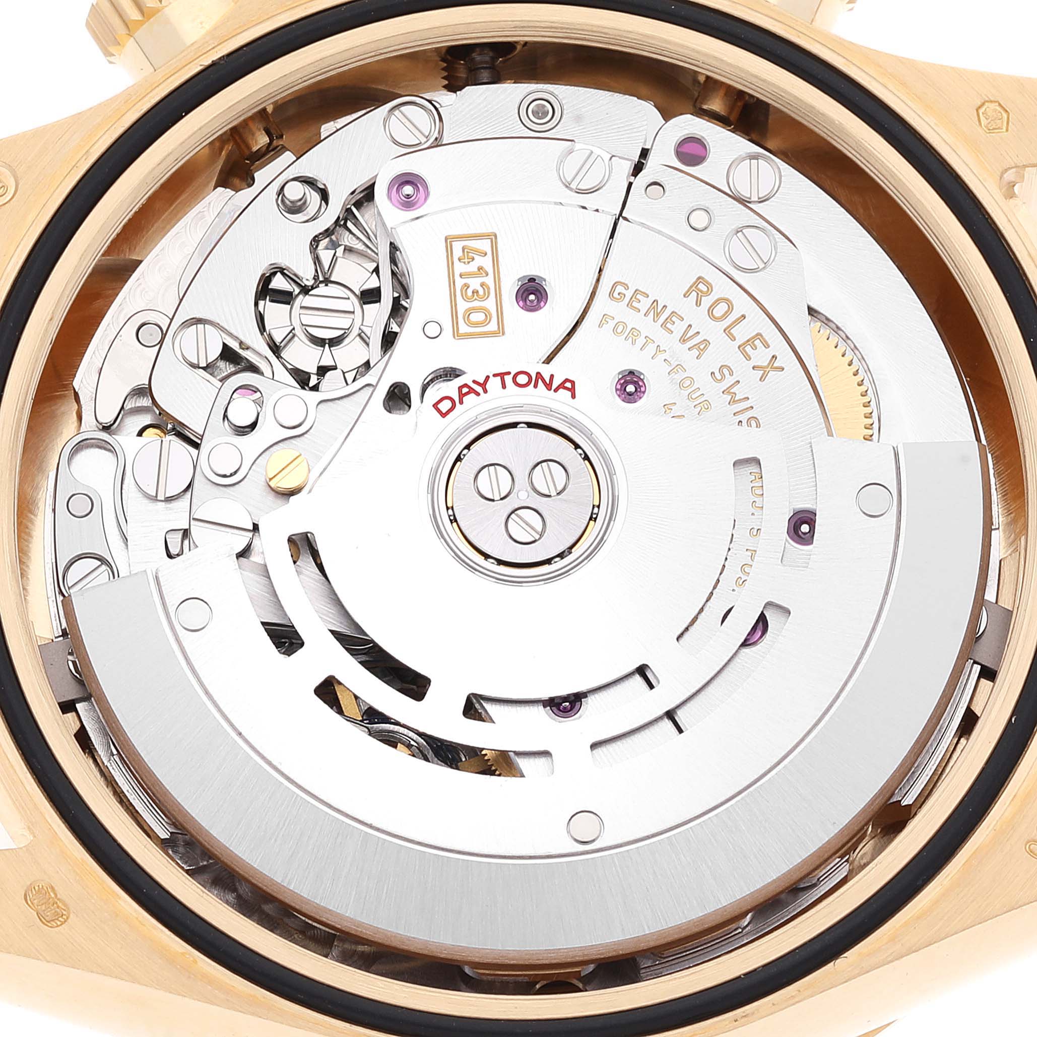 This image shows the internal mechanism of a Rolex Daytona 116508 Men's Yellow Gold Green Dial 116508 Men's Yellow Gold Green Dial watch, viewed from the back, revealing the intricate movement parts.