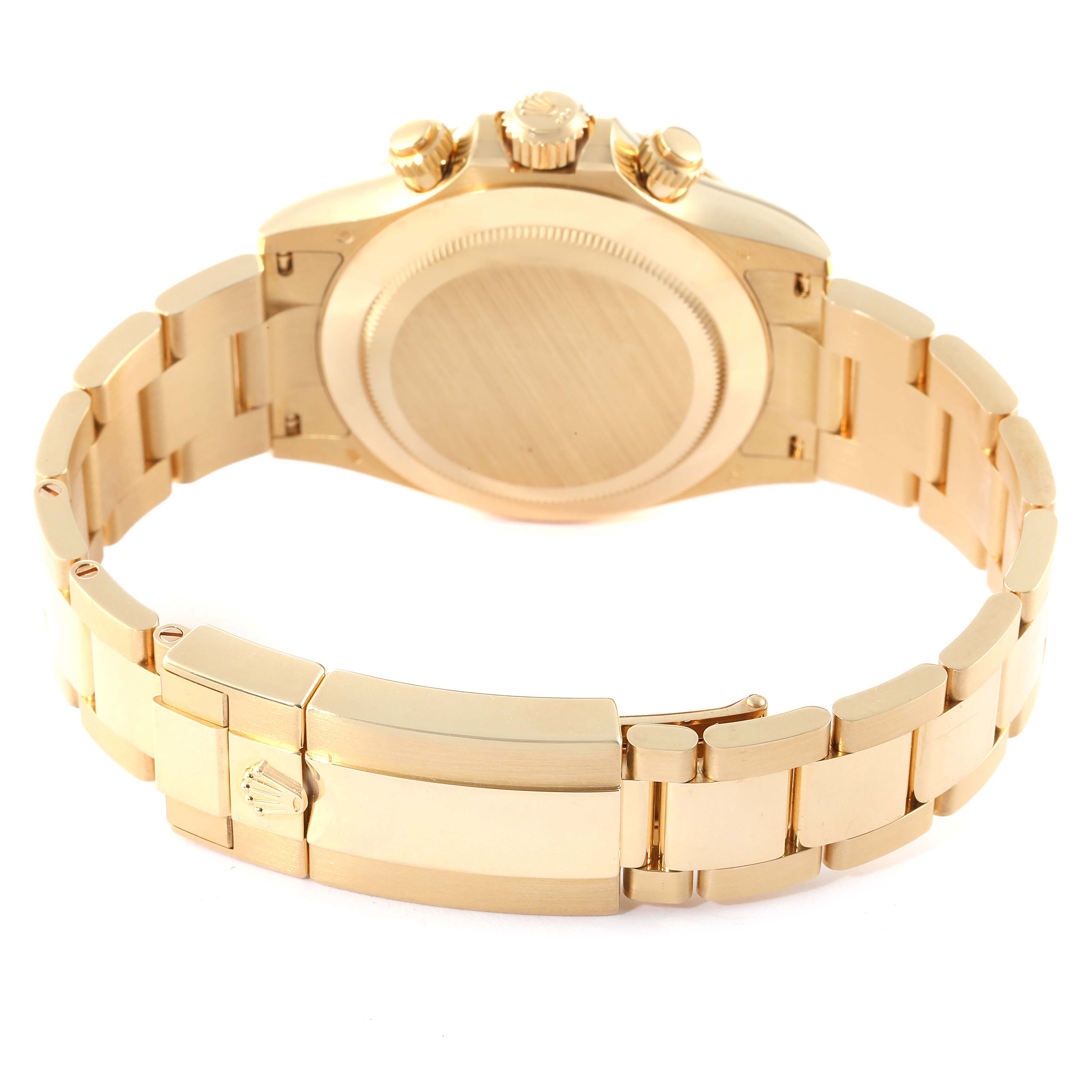 The image shows the back view and bracelet of a Rolex Daytona 116508 Men's Yellow Gold Green Dial 116508 Men's Yellow Gold Green Dial watch.