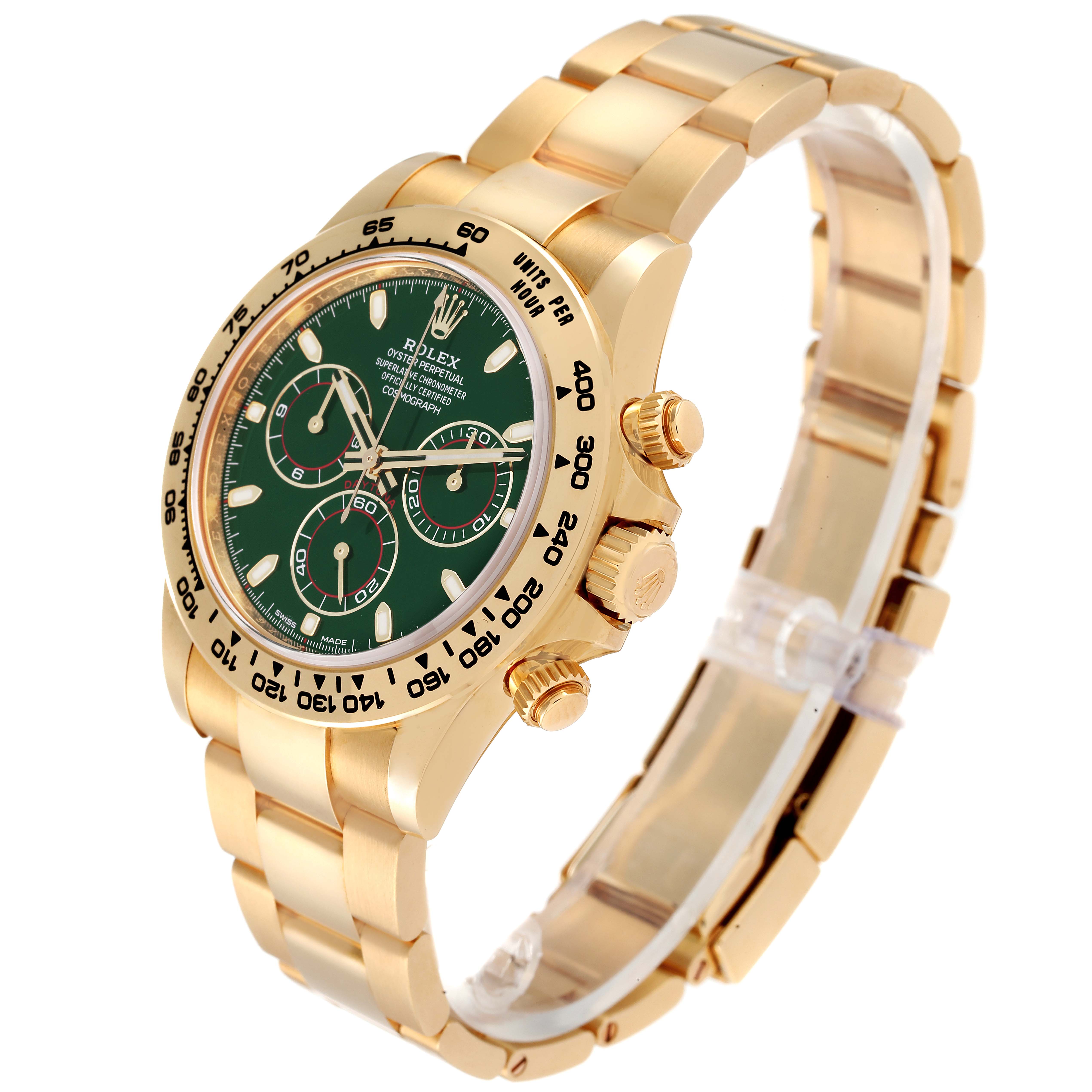 The Rolex Daytona 116508 Men's Yellow Gold Green Dial 116508 Men's Yellow Gold Green Dial watch is shown at an angled view, highlighting its gold case, green dial, and bracelet.