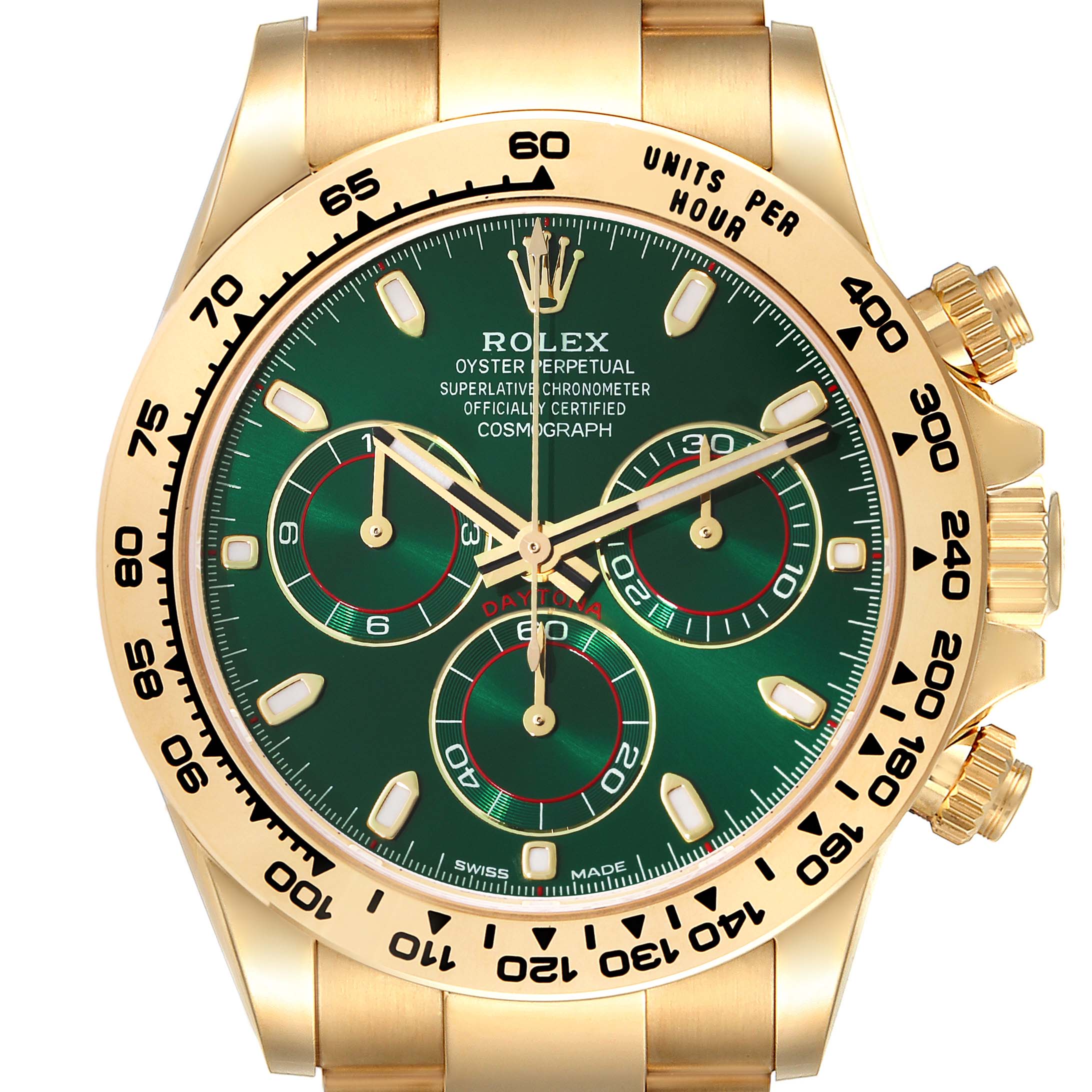 The image shows a front view of a Rolex Daytona 116508 Men's Yellow Gold Green Dial 116508 Men's Yellow Gold Green Dial watch, highlighting the green dial, gold case, and bezel with tachymeter scale.