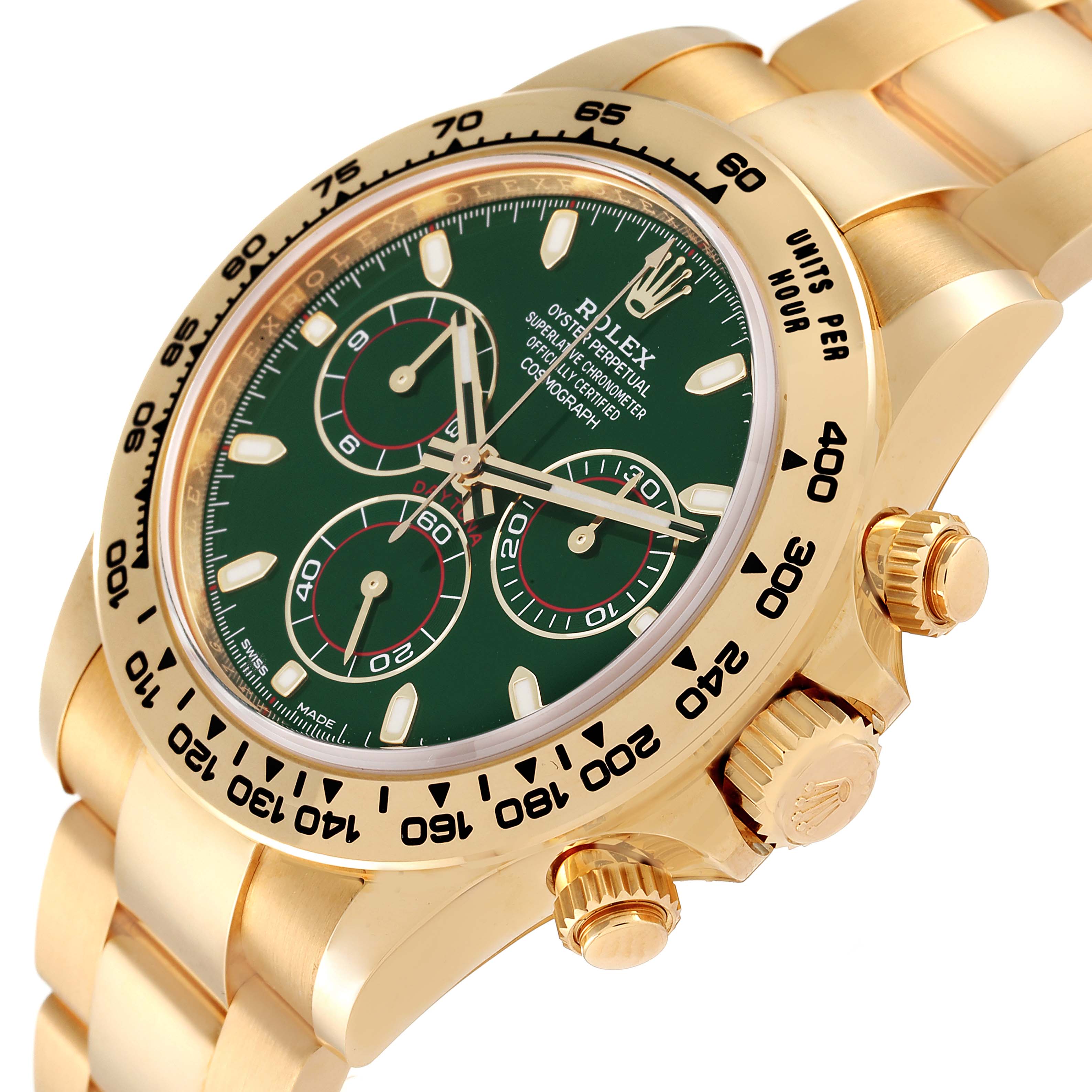 Close-up angle showing the dial, bezel, crown, pushers, and part of the bracelet of the Rolex Daytona 116508 Men's Yellow Gold Green Dial 116508 Men's Yellow Gold Green Dial watch.