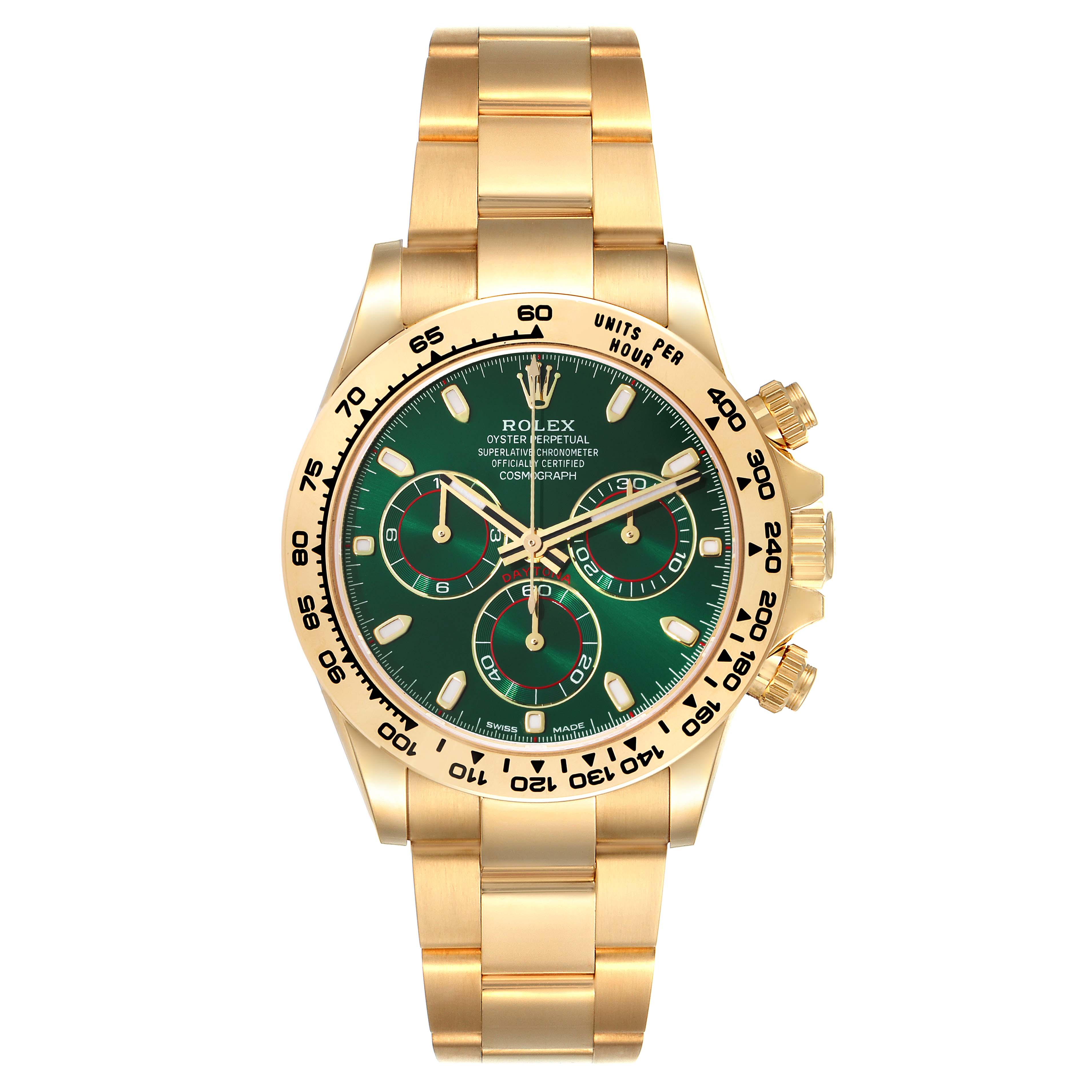 The image shows a front view of a Rolex Daytona 116508 Men's Yellow Gold Green Dial 116508 Men's Yellow Gold Green Dial watch with a gold bracelet and green dial.