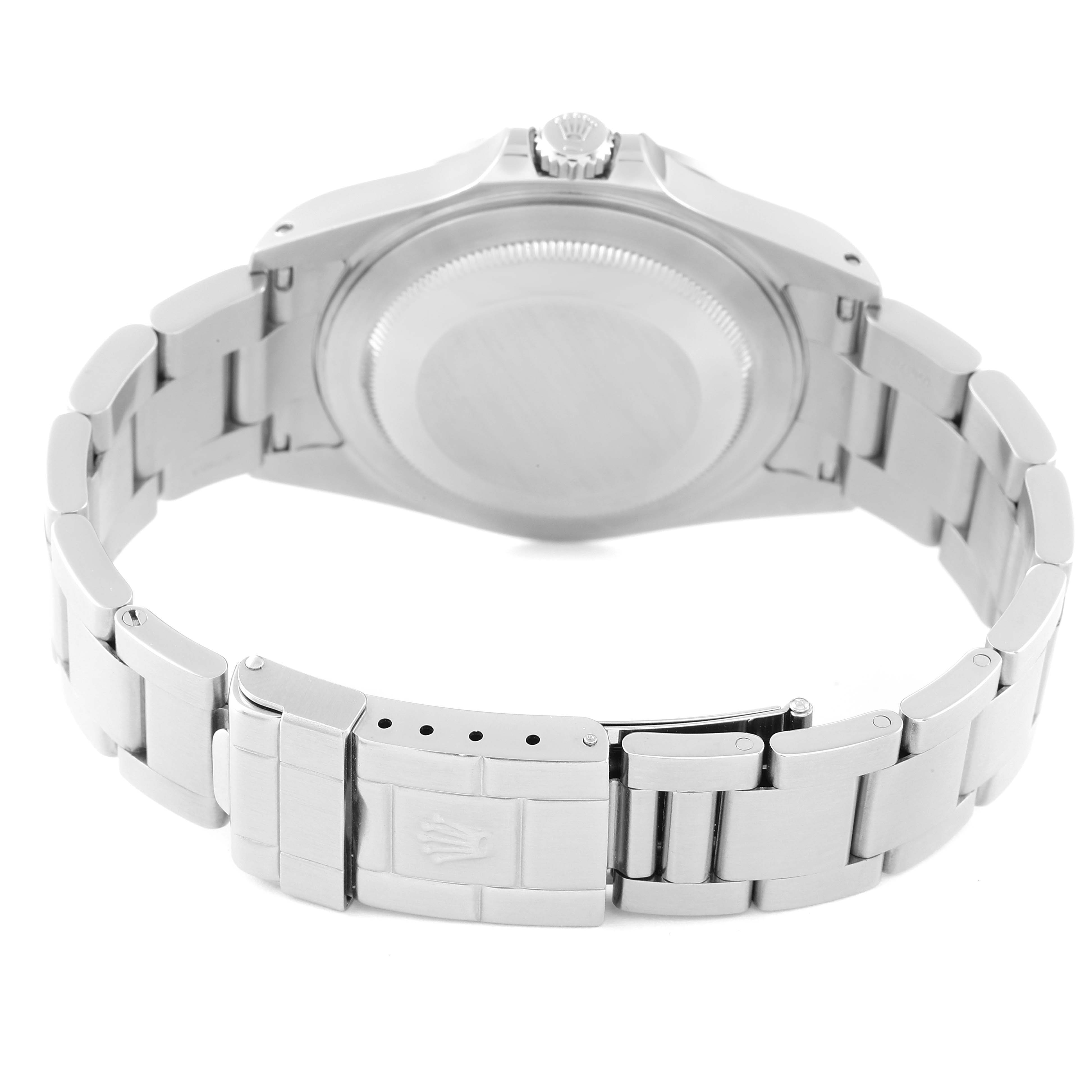 The image shows the back and clasp of a Rolex Explorer 16570 Men
s Stainless Steel White Dial 16570 Men
s Stainless Steel White Dial watch, with a focus on the bracelet and case back.