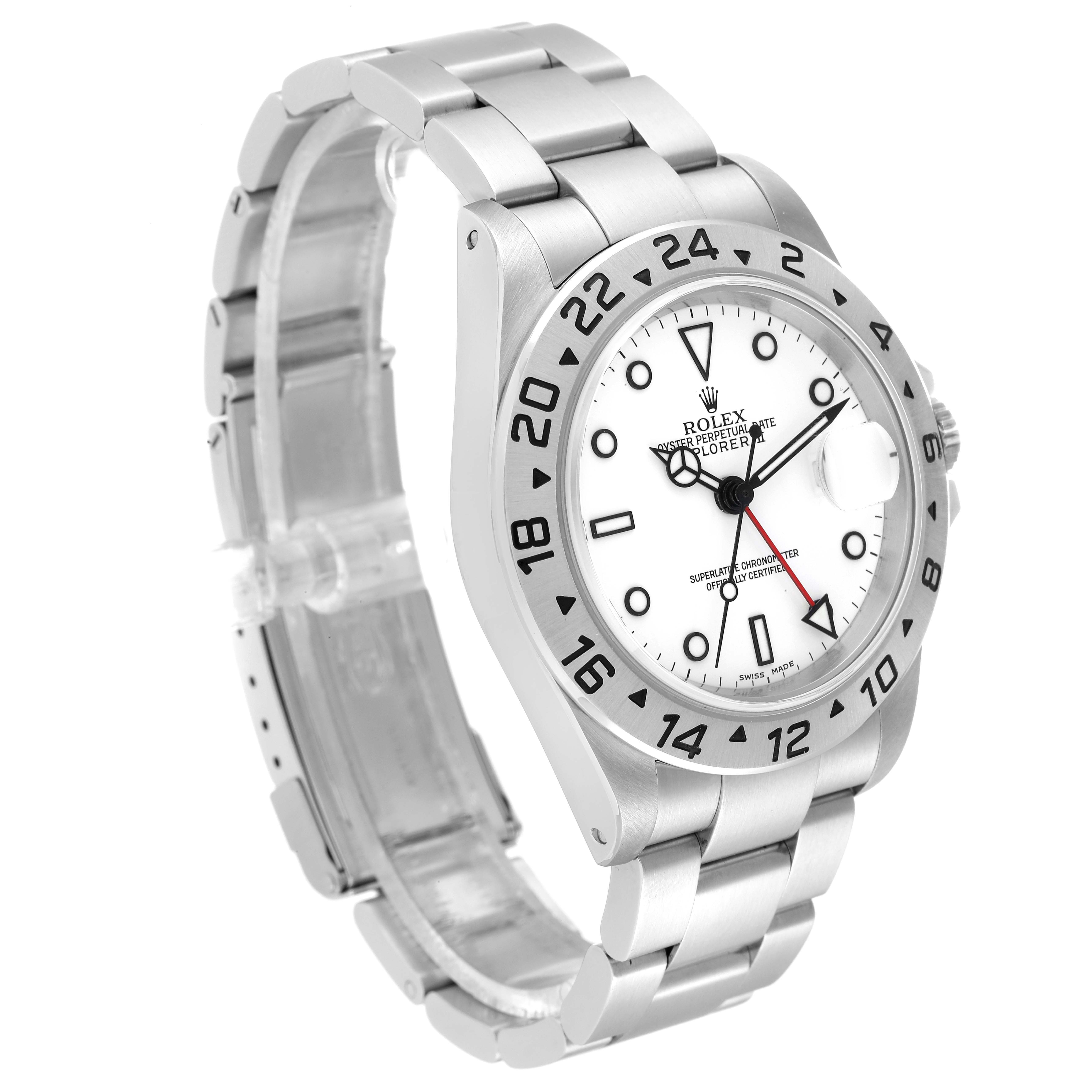 The image shows a side angle of the Rolex Explorer 16570 Men
s Stainless Steel White Dial 16570 Men
s Stainless Steel White Dial watch, highlighting its white dial, numbered bezel, and stainless steel bracelet.