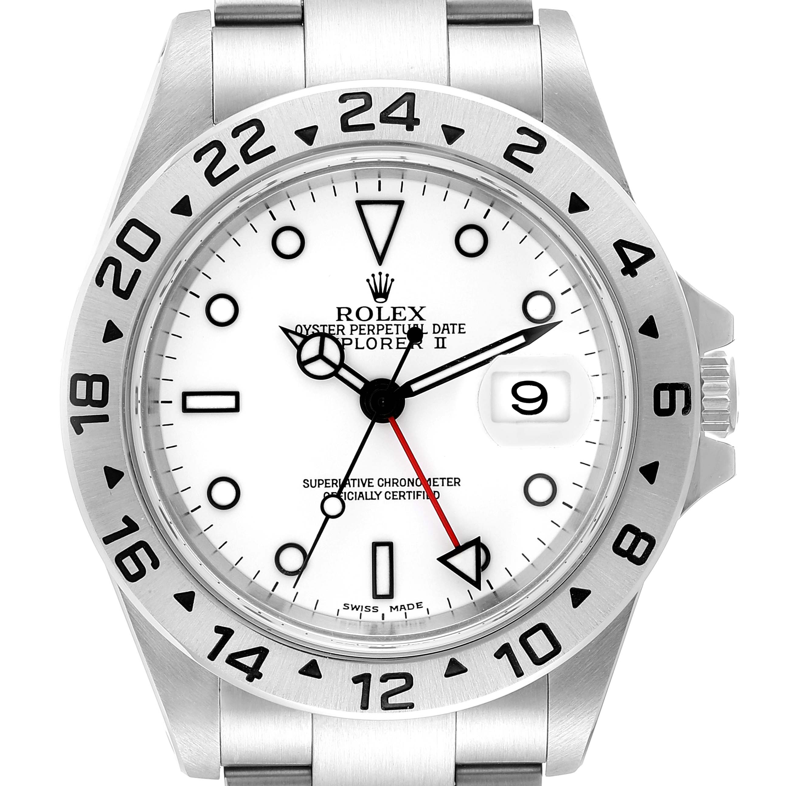 The image shows a front view of a Rolex Explorer 16570 Men
s Stainless Steel White Dial 16570 Men
s Stainless Steel White Dial watch, highlighting its white dial, date window, and bezel.