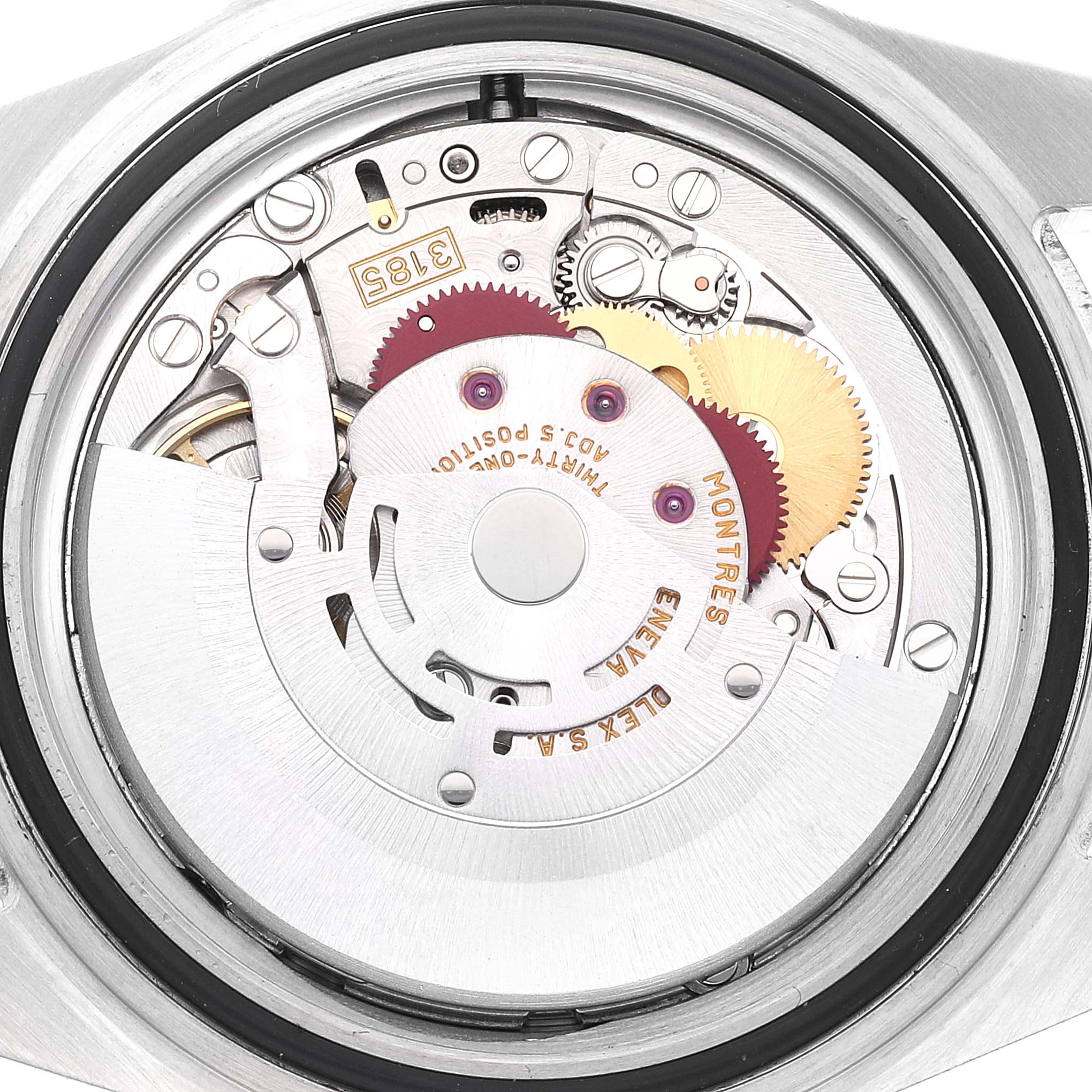 This image shows the internal mechanism and movement of a Rolex Explorer 16570 Men
s Stainless Steel White Dial 16570 Men
s Stainless Steel White Dial watch, viewed from a top-down angle.